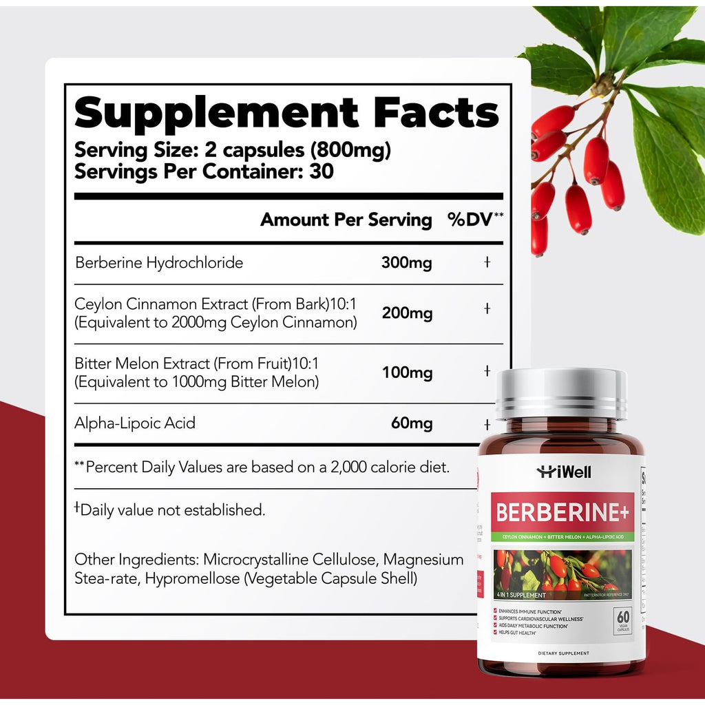 HiWell Berberine with Ceylon Cinnamon 300mg, Gentle 4-in-1, 30-Day Supply