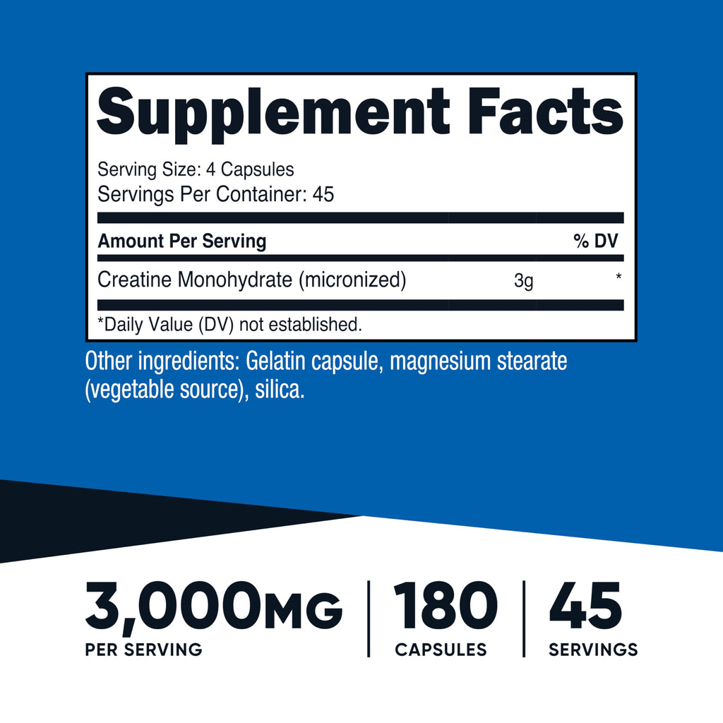 Nutricost Creatine Monohydrate 3,000mg, 180 Capsules (750mg Per Capsule) | Gluten Free, GMO-Free