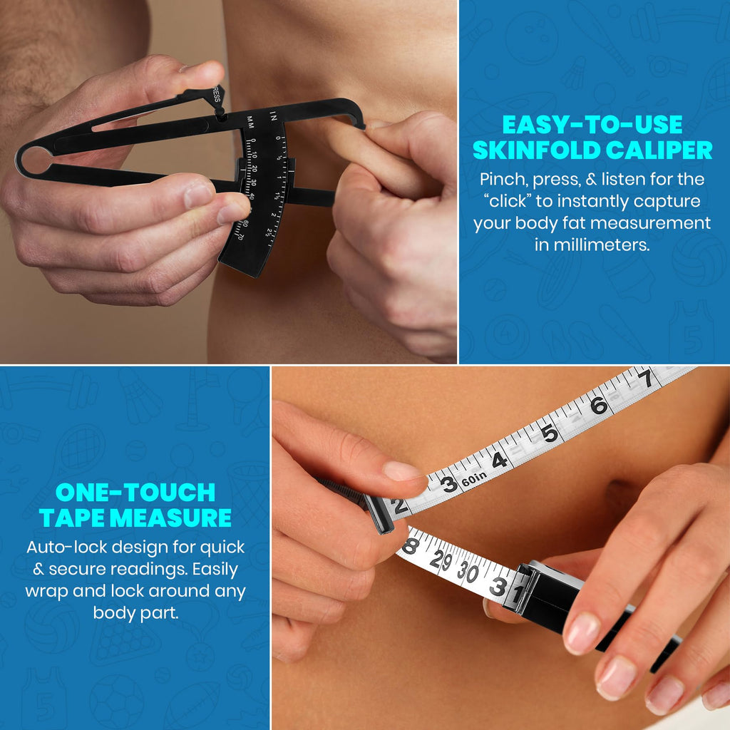MEDca Body Fat Caliper and Measuring Tape for Body - Skinfold Calipers and Body Fat Tape Measure Tool for Accurately Measuring BMI Skin Fold Fitness and Weight-Loss, (Black)