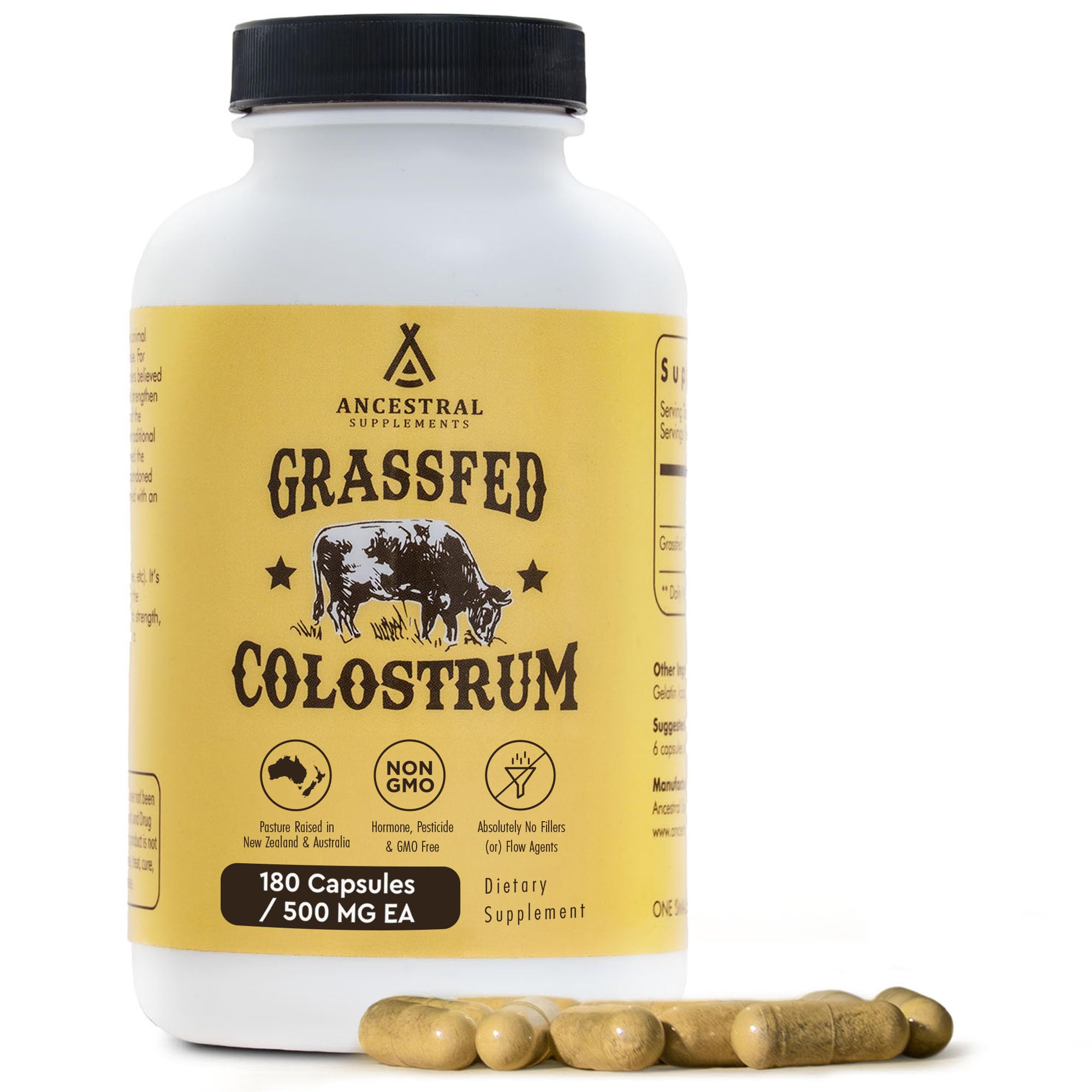 Ancestral Supplements Grass Fed Beef Colostrum Supplement, 3000mg, 180 Ct | Bovine colostrum capsules support immune health, gut health, athletic performance and healthy iron levels.