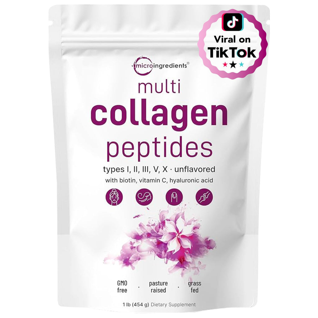 Micro Ingredients Multi Collagen Peptides Powder, 2lb (82 Servings) | Hydrolyzed Type I, II, III, V, X with Biotin, Hyaluronic Acid & Vitamin C. Unflavored Collagen for Women & Men, Easy Dissolve