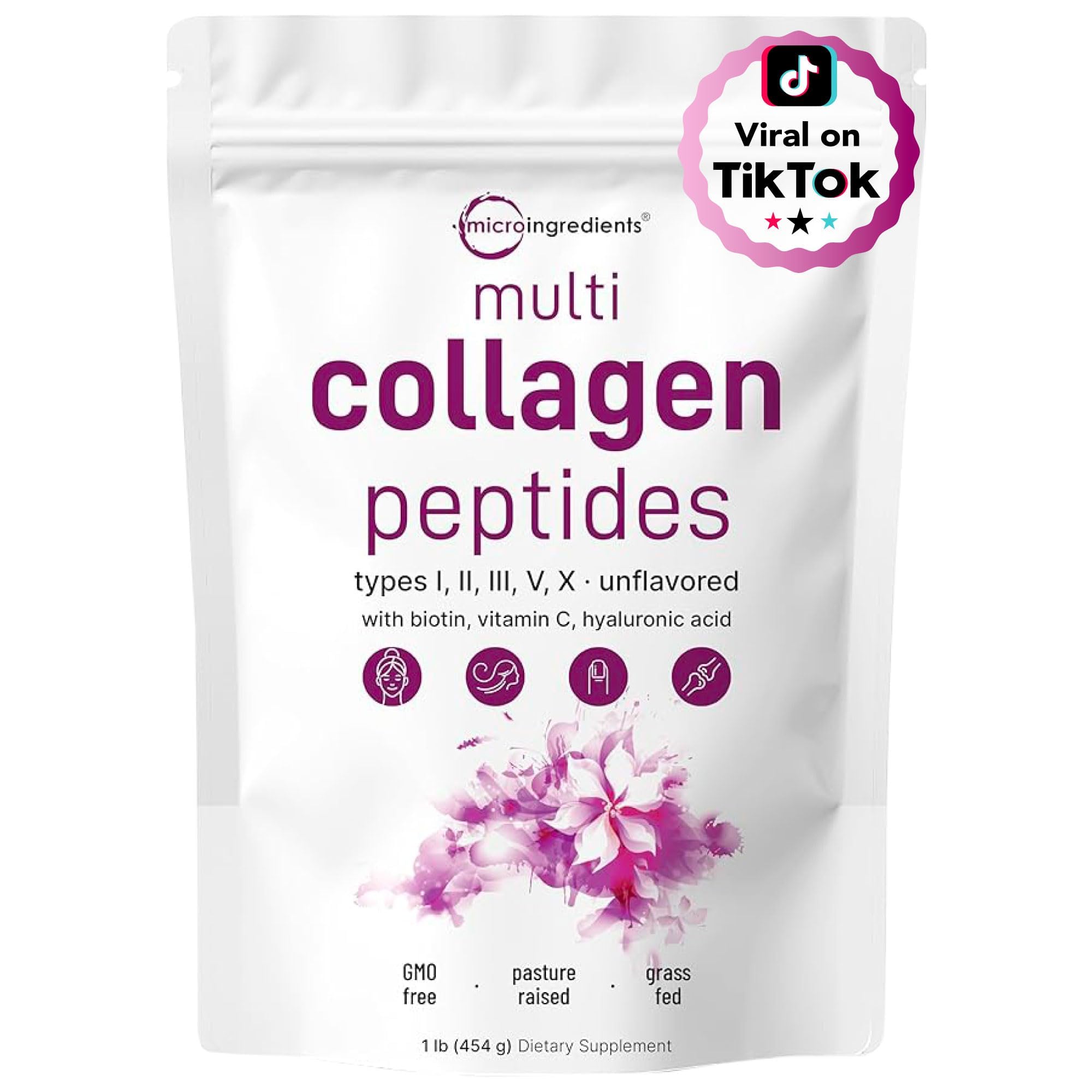 Micro Ingredients Multi Collagen Peptides Powder, 2lb (82 Servings) | Hydrolyzed Type I, II, III, V, X with Biotin, Hyaluronic Acid & Vitamin C. Unflavored Collagen for Women & Men, Easy Dissolve