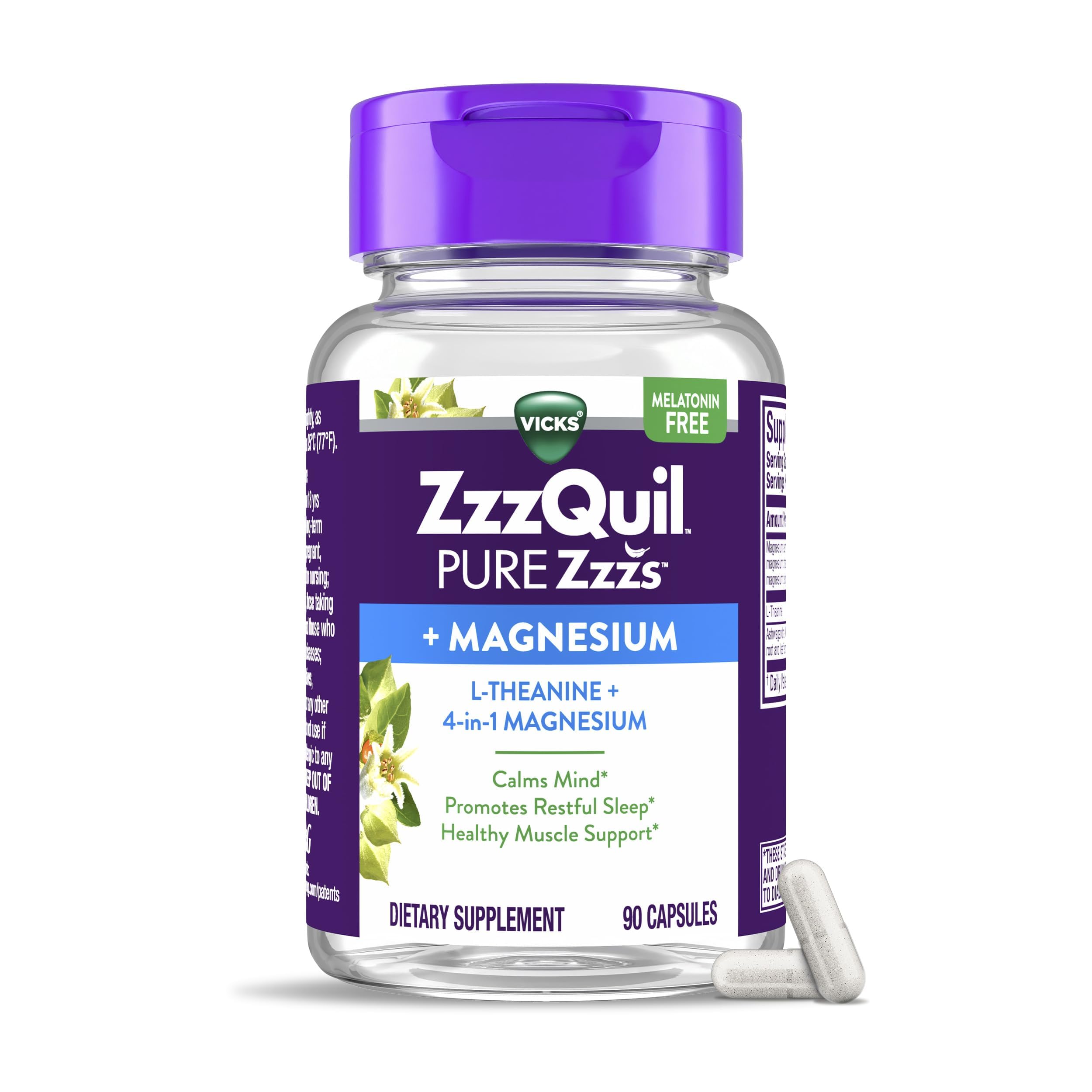 Buy now ZzzQuil Pure Zzzs, +Magnesium Capsules, L-Theanine and Magnesium, Sleep Aid, 4-in-1 Magnesium: Citrate, Bisglycinate, Oxide, and Carbonate, Sleep Aids for Adults, 90 Sleep Capsules at indiglob india