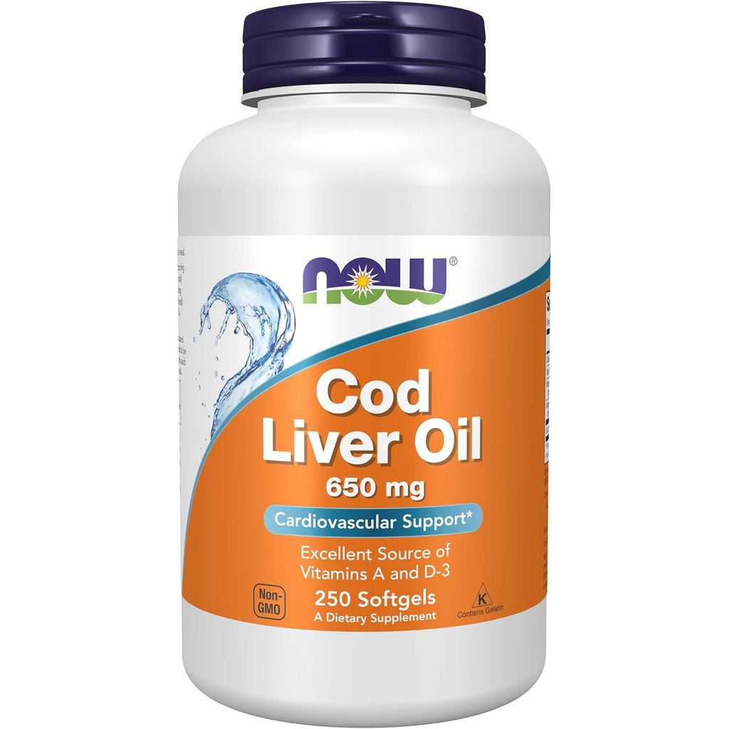 Buy now NOW Foods Supplements, Cod Liver Oil 650 mg, Excellent Source of Vitamins A and D-3, 250 Softgels at indiglob india