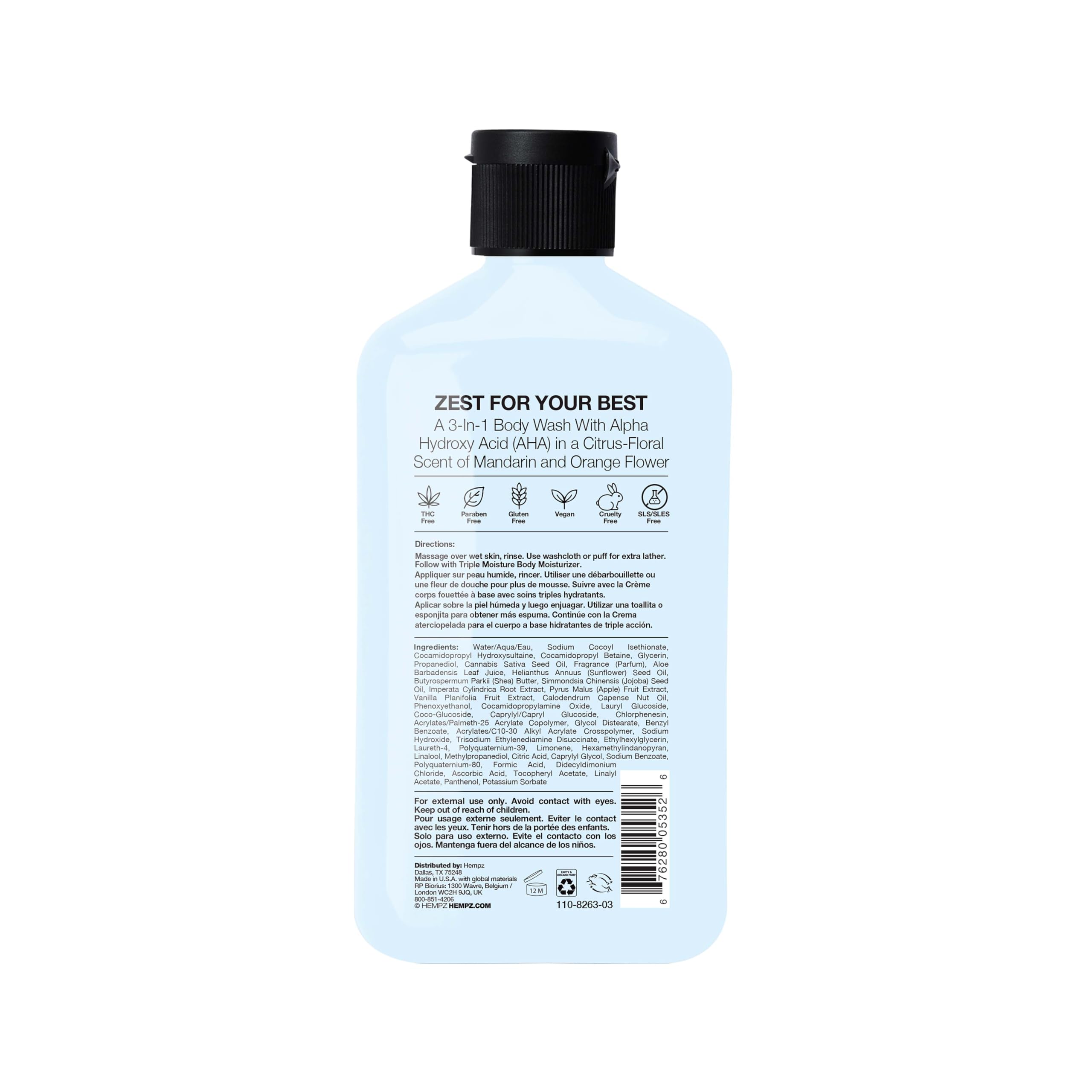 Hempz Triple Moisture Body Wash - Grapefruit & Peach - Hydrating for Sensitive Skin, Scented, Exfoliating with Shea Butter, Pure Hemp Seed Oil, and Algae for Sensitive Skin - 17 fl oz