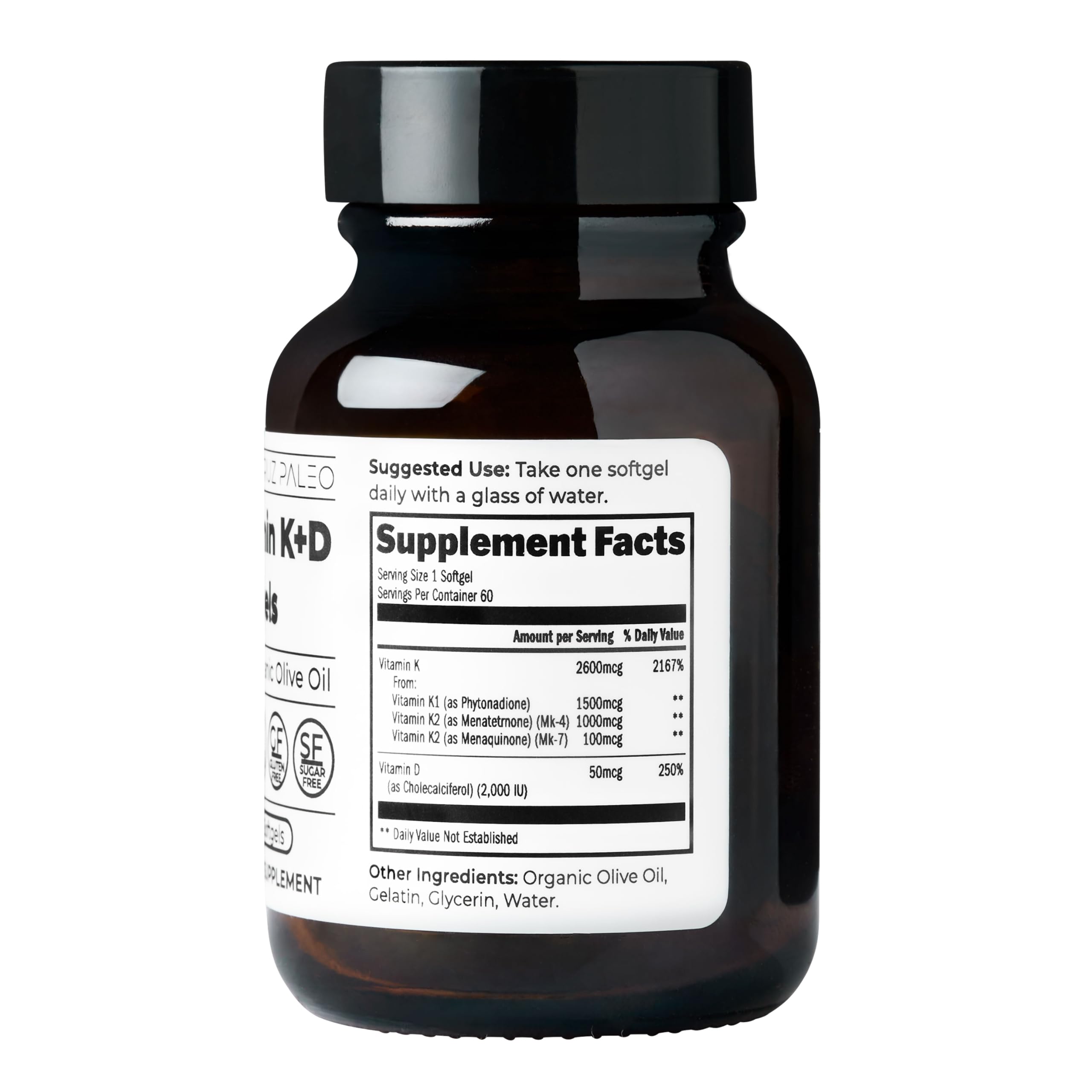 Santa Cruz Paleo Vitamin K2 + D3 Softgels, Daily Supplement with Organic Olive Oil, Includes Vitamin K1 & Two Forms of K2, Supports Heart & Bone Health, Gluten Free, Sugar Free, Paleo, Keto, 60 Count