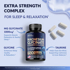 Magnesium Glycinate w/Glycine & Taurine - Magnesium for Sleep - 120 Caps | Sleep & Relaxation Complex - Extra Strength Magnesium Supplement 1500 mg for Women & Men - Chelated & High Absorption - Vegan