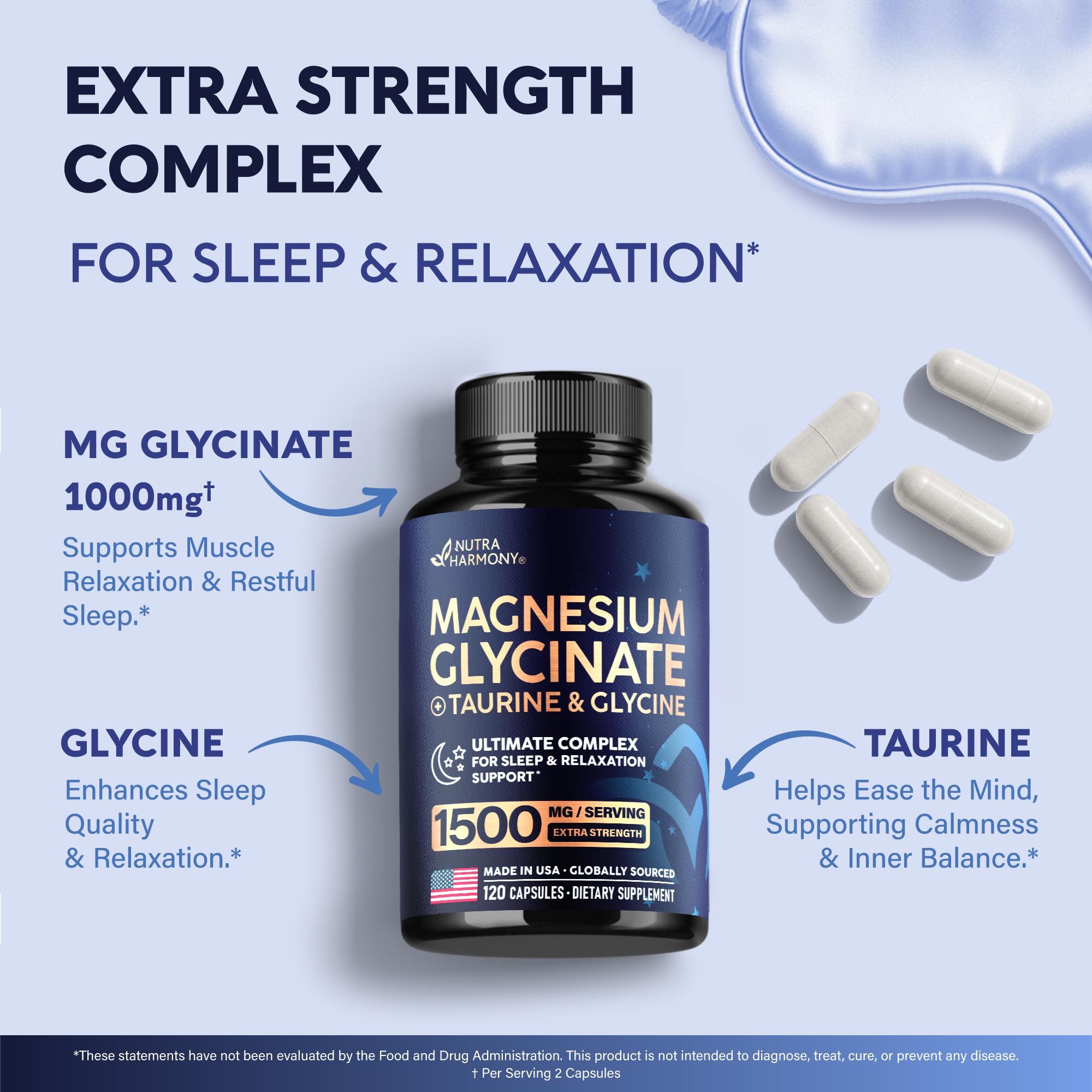Magnesium Glycinate w/Glycine & Taurine - Magnesium for Sleep - 120 Caps | Sleep & Relaxation Complex - Extra Strength Magnesium Supplement 1500 mg for Women & Men - Chelated & High Absorption - Vegan