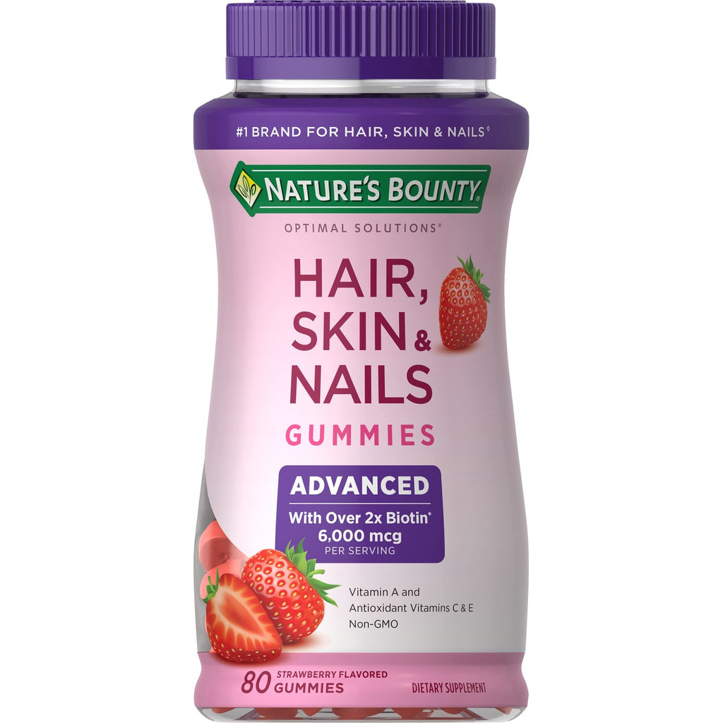 Nature's Bounty Optimal Solutions Advanced Hair, Skin, Nails, 2X Biotin | 80 Strawberry Gummies, 40 Total Servings