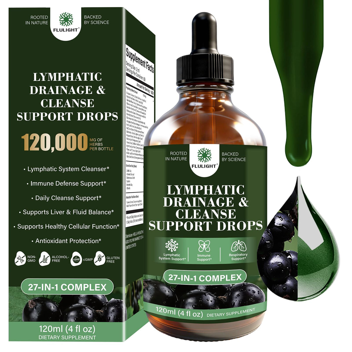 Lymphatic Drainage & Cleanse Support Drops, 27-in-1 Herbal, 4 Fl Oz