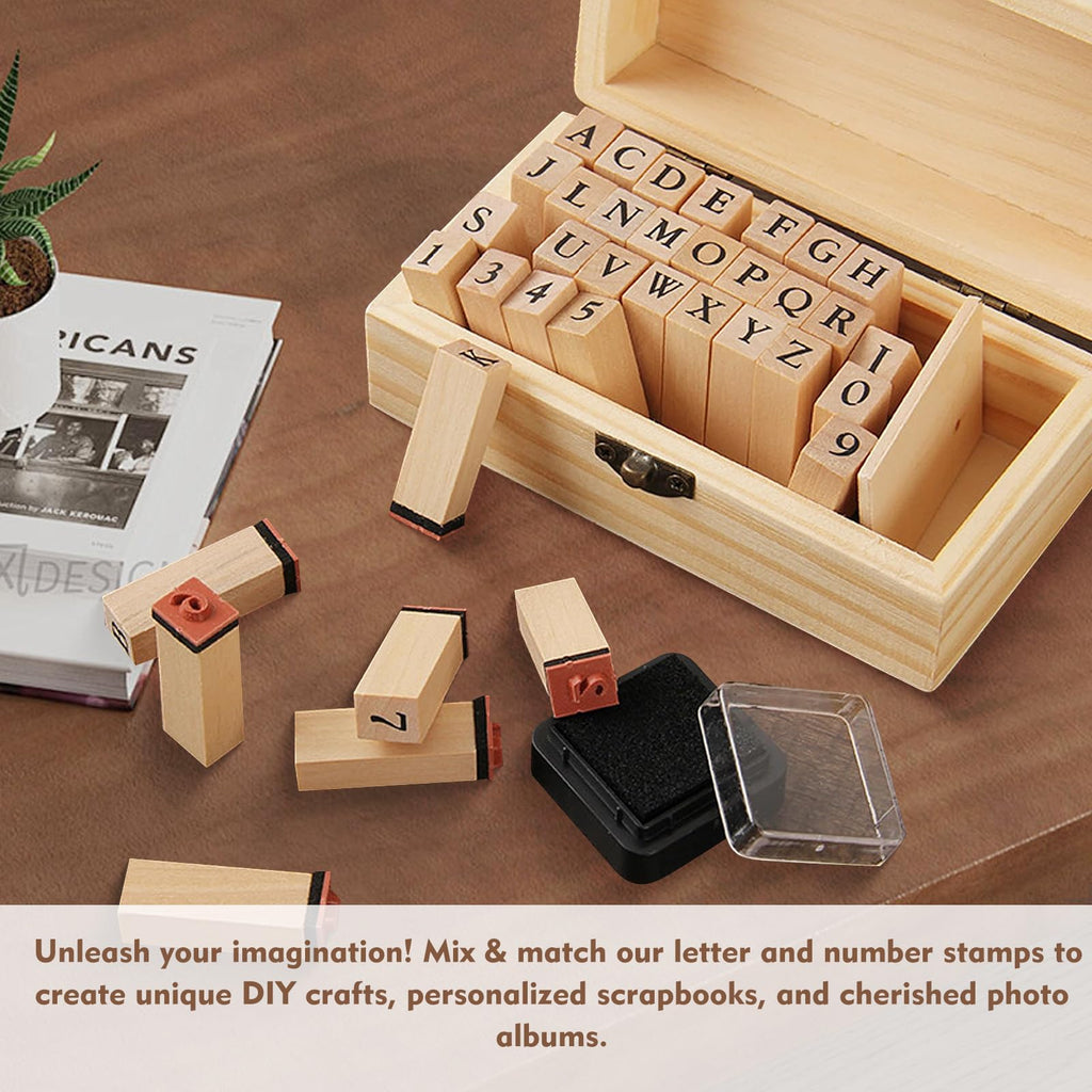 Letter Stamps 36 Pcs with Wooden Storage Box, Premium Alphabet Stamps Set for Crafting, Essential Rubber Letter Stamp Kit for Clay, DIY Cards & Scrapbooking
