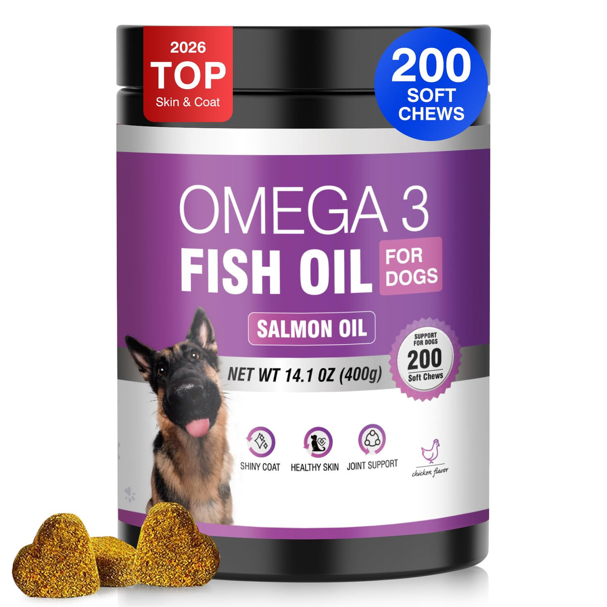 Fish Oil for Dogs Allergy and Itch Relief Chews - Omega 3 for Dog Skin and Coat Care - Salmon Oil for Dogs Anti Shedding Supplement Hot Spot Treatment EPA & DHA 200 Ct