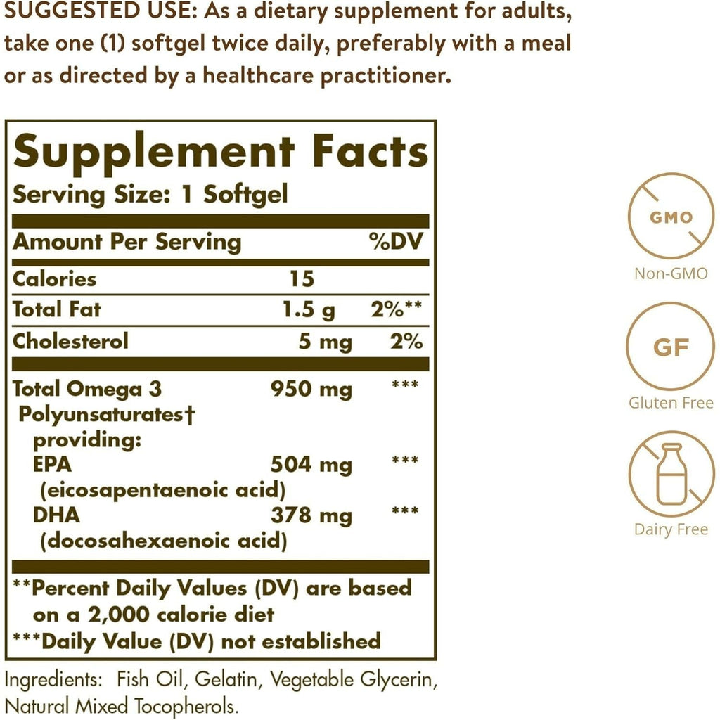 Buy now Solgar Triple Strength Omega 3 950 mg - 50 Softgels - Supports Joint & Skin Health - Non-GMO, Gluten Free, Dairy Free - 50 Servings at indiglob india