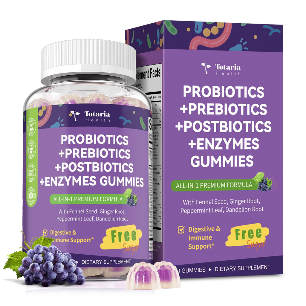 Totaria Sugar Free 5-in-1 Probiotic Prebiotic Postbiotic Gummy, 36 Strains Probiotics for Women Men with Fiber, Digestive Enzymes, Peppermint, Complete Immune, Gut & Digestive Support, Vegan, 60 Ct