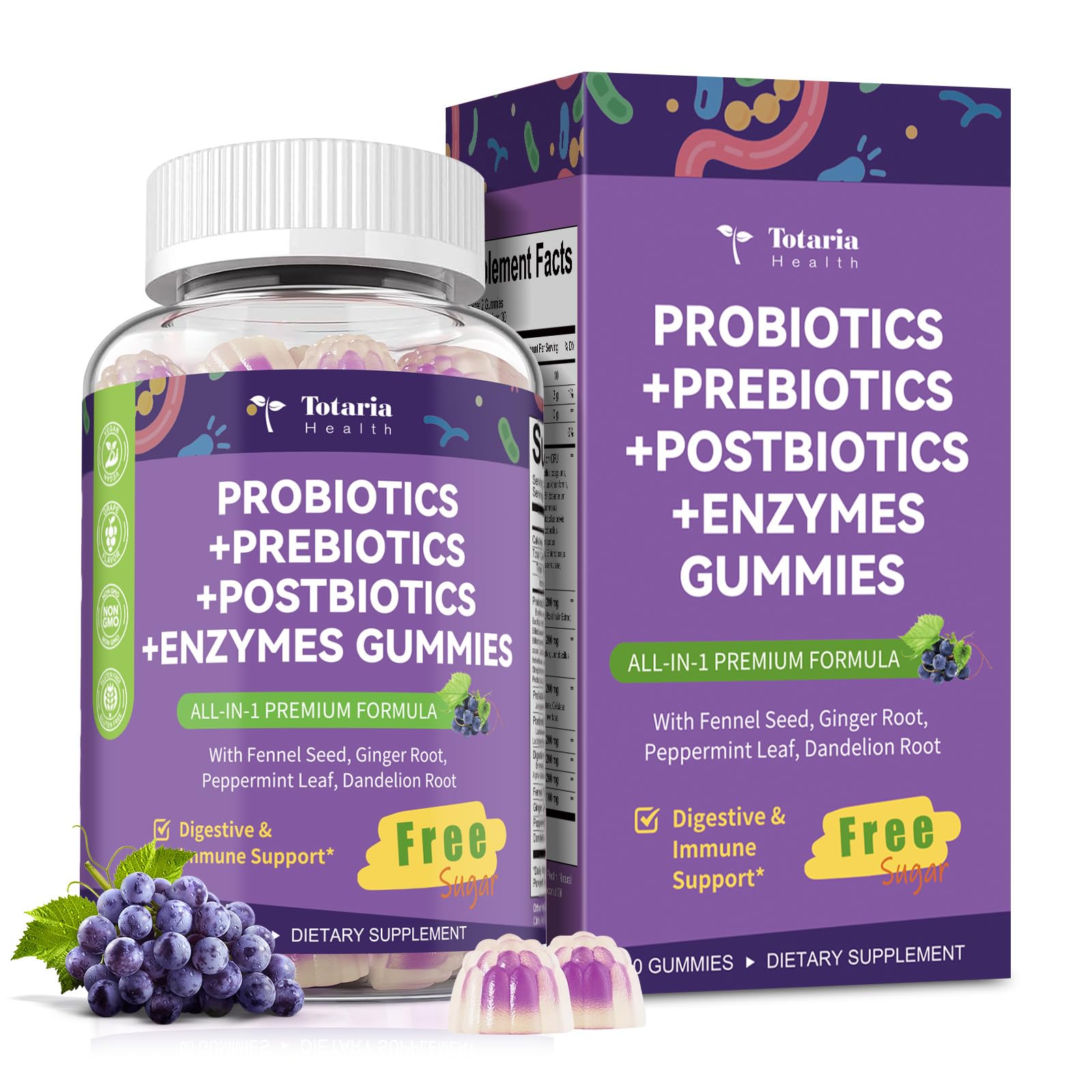 Totaria Sugar Free 5-in-1 Probiotic Prebiotic Postbiotic Gummy, 36 Strains Probiotics for Women Men with Fiber, Digestive Enzymes, Peppermint, Complete Immune, Gut & Digestive Support, Vegan, 60 Ct