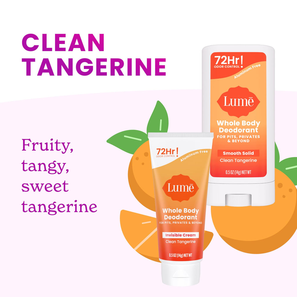 Lume Whole Body Deodorant - Cream + Solid Stick Mini Bundle 0.5oz Tangerine | 72 Hour Odor Control Aluminum Free Baking Soda Travel Trial Size Minis deodorant lotion women