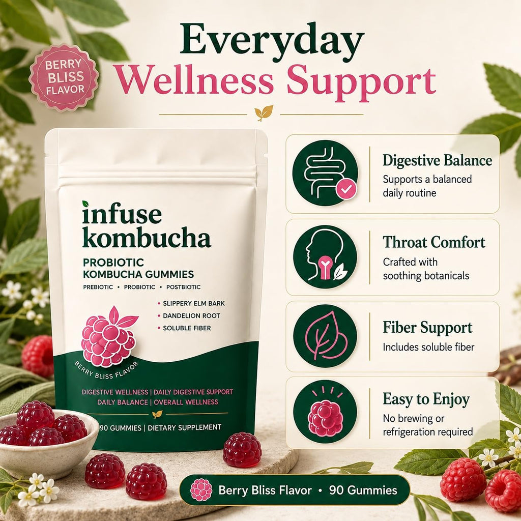 infuse Probiotic Kombucha Gummies, 90 Gummies, for Throat Clearing Bloating, Gut Health for Women, Fiber Gummies, Prebiotics and Probiotics for Women, Slippery Elm, Dandelion Root, MCT Oil