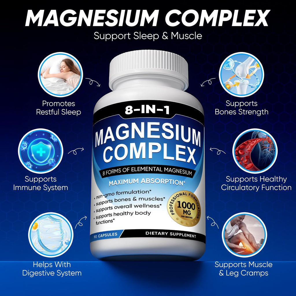 Magnesium Complex 1000mg, 8-in-1 Magnesium Supplement Capsules with Glycinate, Citrate, Malate & Taurate, Supports Muscle, Bone, Energy & Daily Wellness, for Women & Men, 180 Capsules
