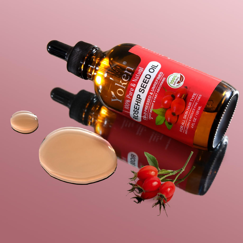 Yoken Cold Pressed Organic Rosehip Seed Oil for Face, Hair & Body, 4 fl oz | Rosehip Oil for Face Hair Body and Nails Rich in Essential Fatty Acids Lightweight Moisturizing Carrier Oil