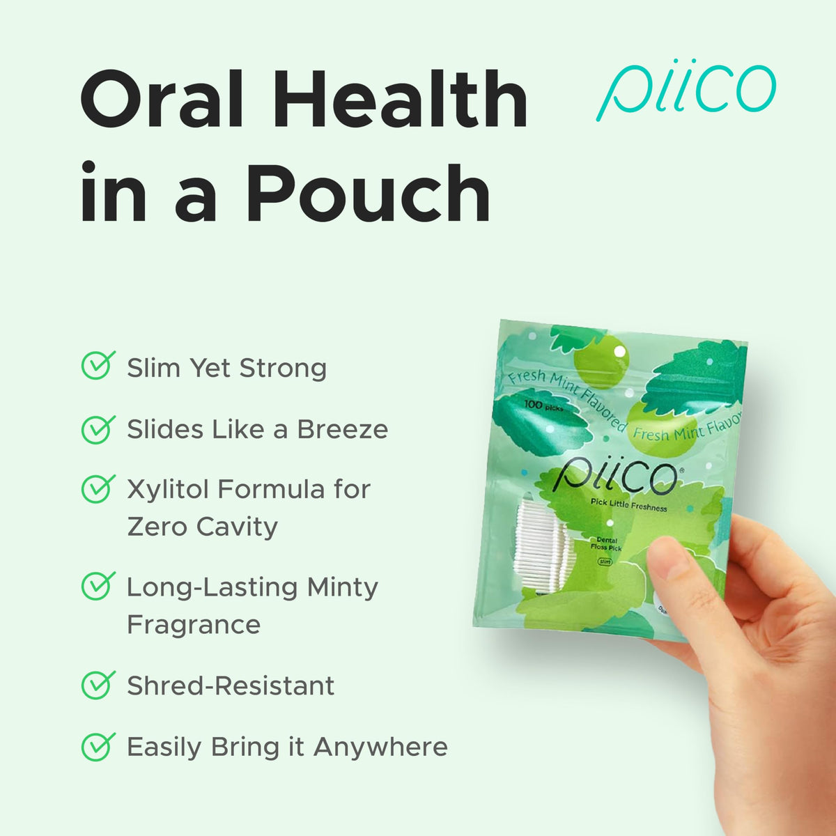 Piico Xylitol Floss Picks, 100 Count - Unbreakable, Shred-Resistant, Resealable, Unique Flavored Dental Flossers for Adults, Portable