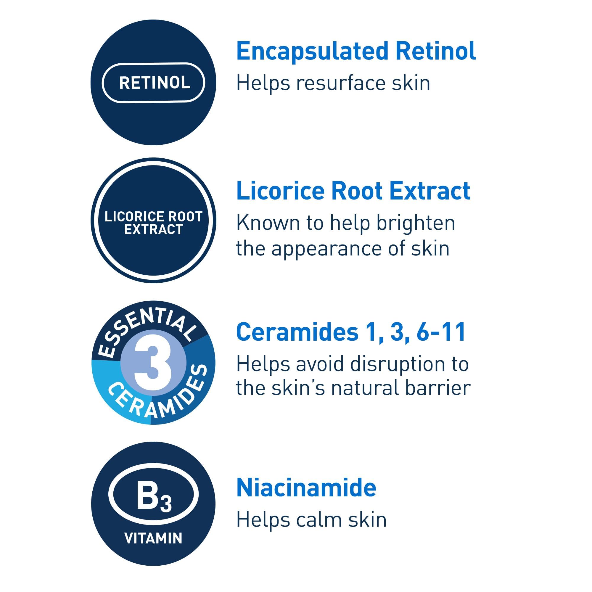 CeraVe Resurfacing Retinol Face Serum with Niacinamide, Pore Minimizer, 1oz | Skin Care Brightening Serum with Licorice Root, Acne Scar & Hyperpigmentation Treatment, Dark Spot Corrector, Skin Repair
