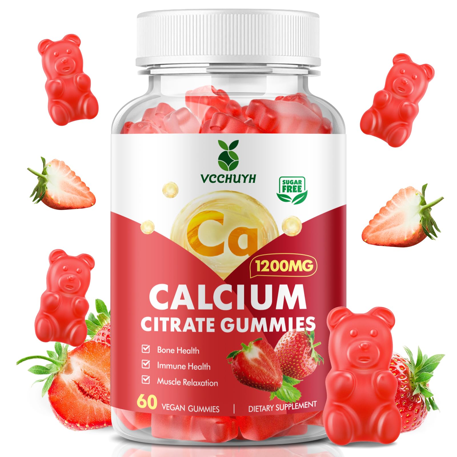 Calcium Citrate Gummies 1200mg, Chewable Calcium Supplements for Women & Men, Sugar Free Calcium Gummies for Bone, Muscle & Immune Support, Strawberry Flavor 60 Count