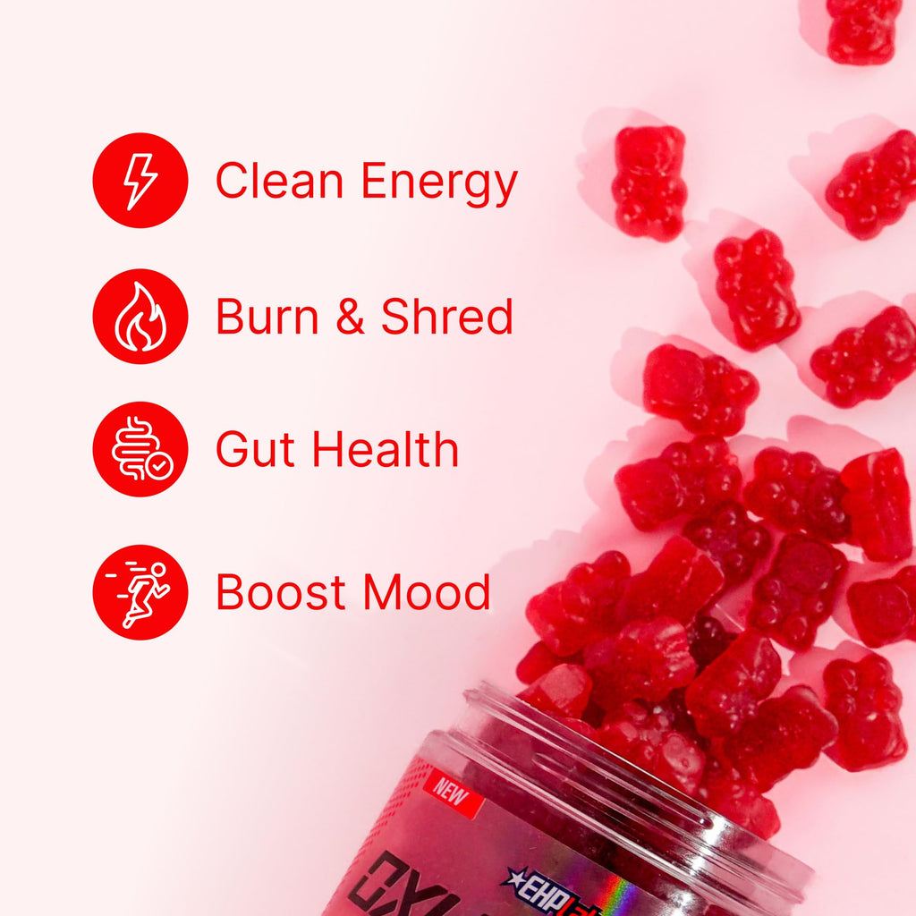 EHP Labs OxyShred Pre Workout Energy Gummies, Strawberry, 60 Servings | 100mg Natural Caffeine, 1000mg L-Carnitine, Vegan & Halal Friendly, No Artificial Colors, Zero Aspartame, HPLC Tested