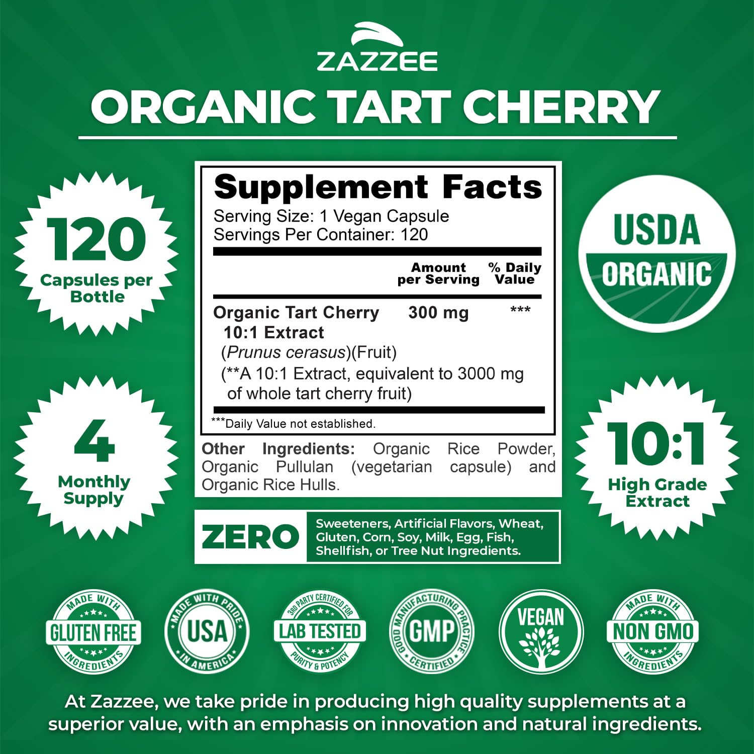 Zazzee USDA Organic Tart Cherry 10:1 Extract, 120 Capsules, 4 Month Supply | Vegan, Montmorency Cherry, Daily Wellness Antioxidant Support, Organic Herbal Supplement, All-Natural, Non-GMO, Made in USA
