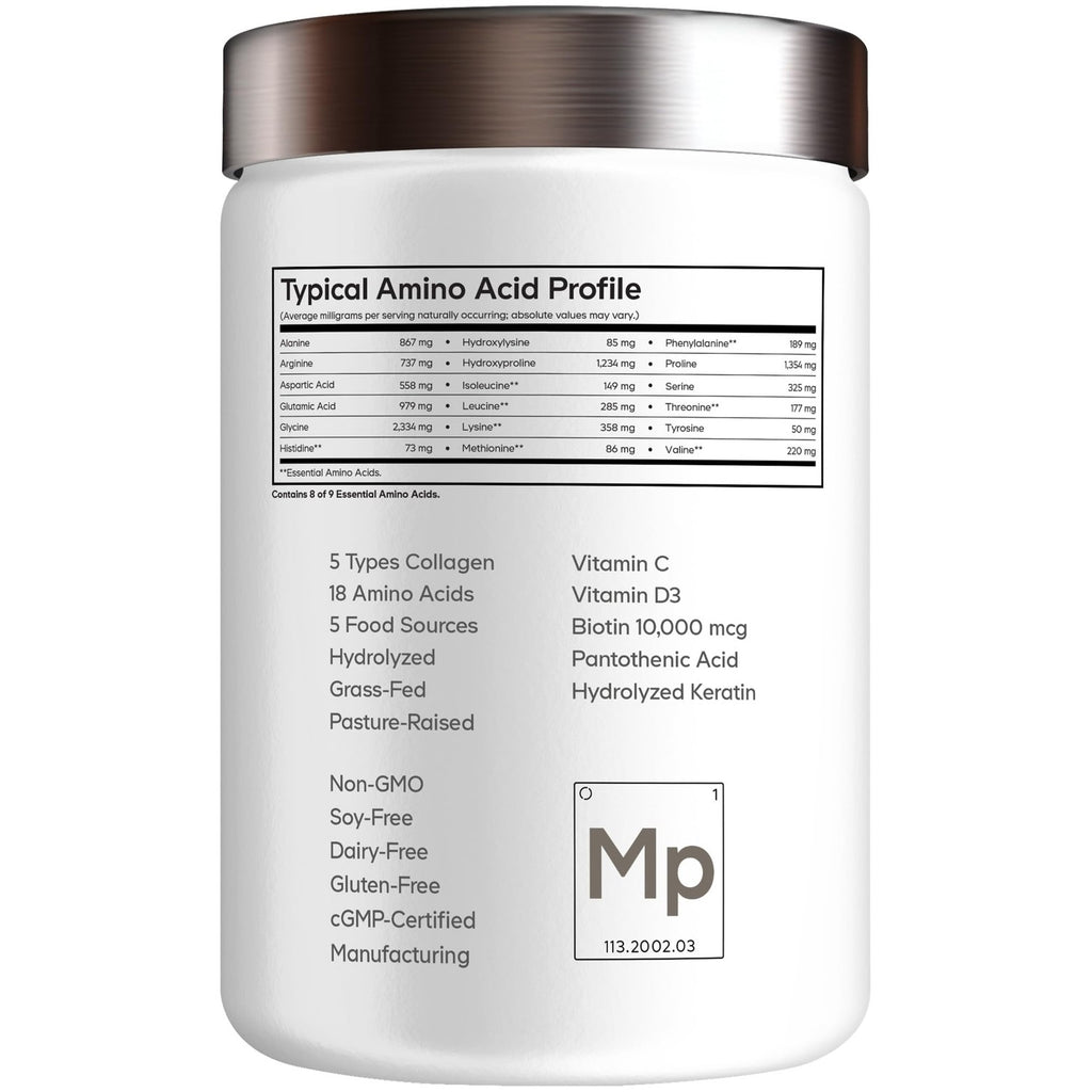 Codeage Multi Collagen Powder, Biotin 10000mcg, Keratin, Unflavored, 11 oz | NSF Certified - Multi collagen peptides, 5 types with biotin 10,000 mcg, keratin and hyaluronic acid, for women and men.
