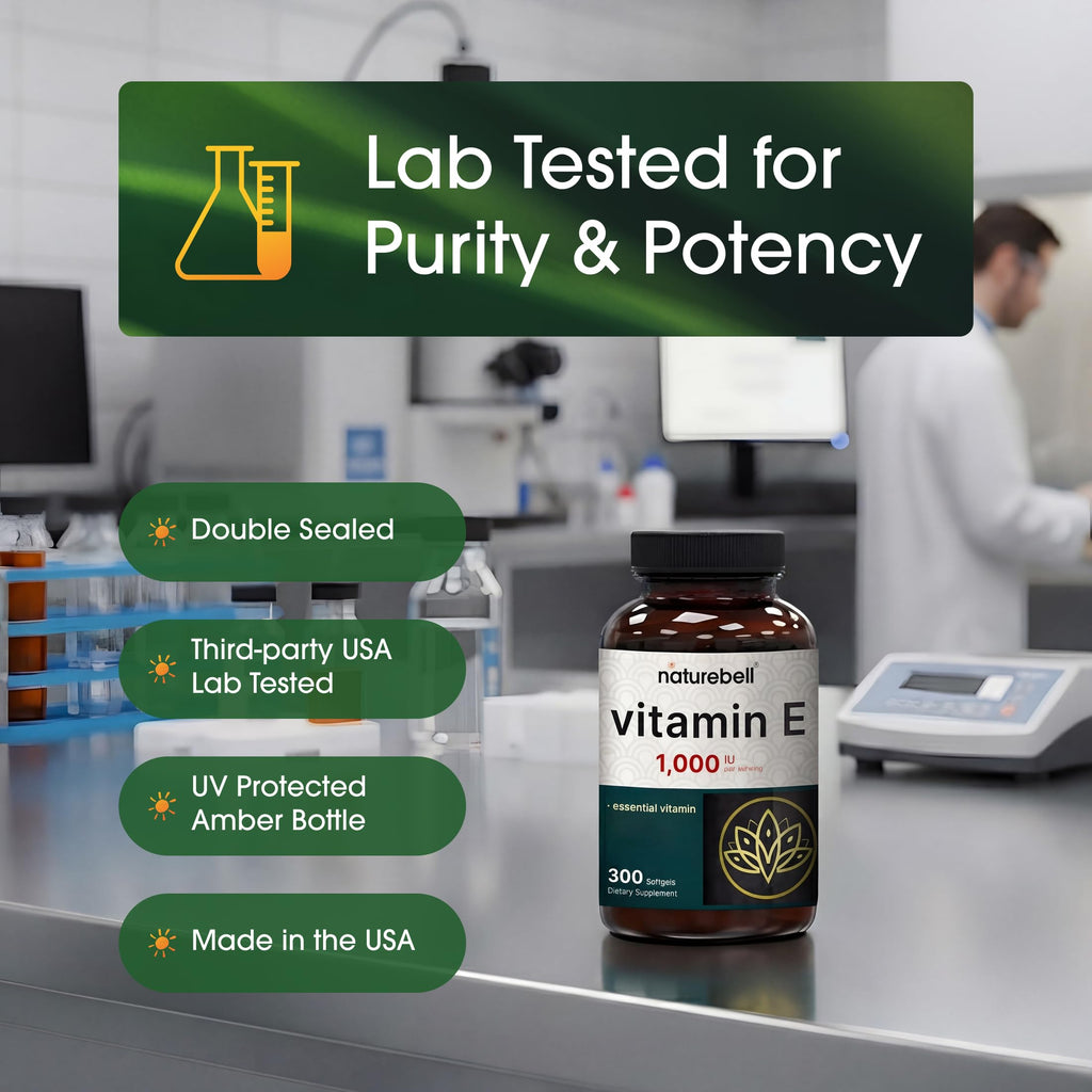 NatureBell Vitamin E 1,000 IU Per Serving - 300 Softgels (5-Month Supply) - 3rd Party Tested Antioxidant Supplement for Skin, Heart & Brain Health Support - High Potency* - Gluten-Free & Non-GMO