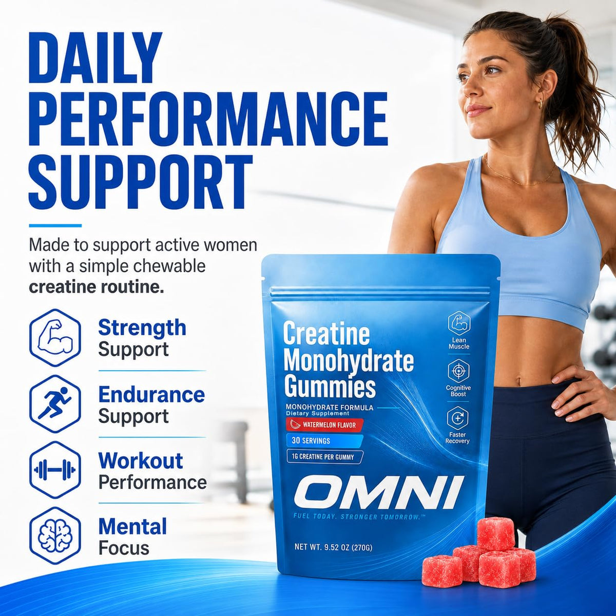 Creatine Gummies for Women, 1g Per Gummy, Low Sugar Watermelon Creatine Monohydrate Gummies, Performance, Workout Support