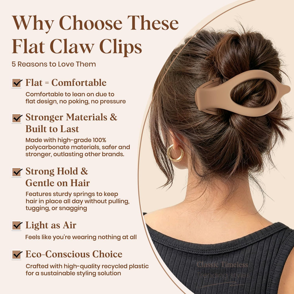 Set of 4 large flat hair clips designed for comfort and strong hold. Eco-friendly materials ensure lasting style. Verified by CuratCart.
