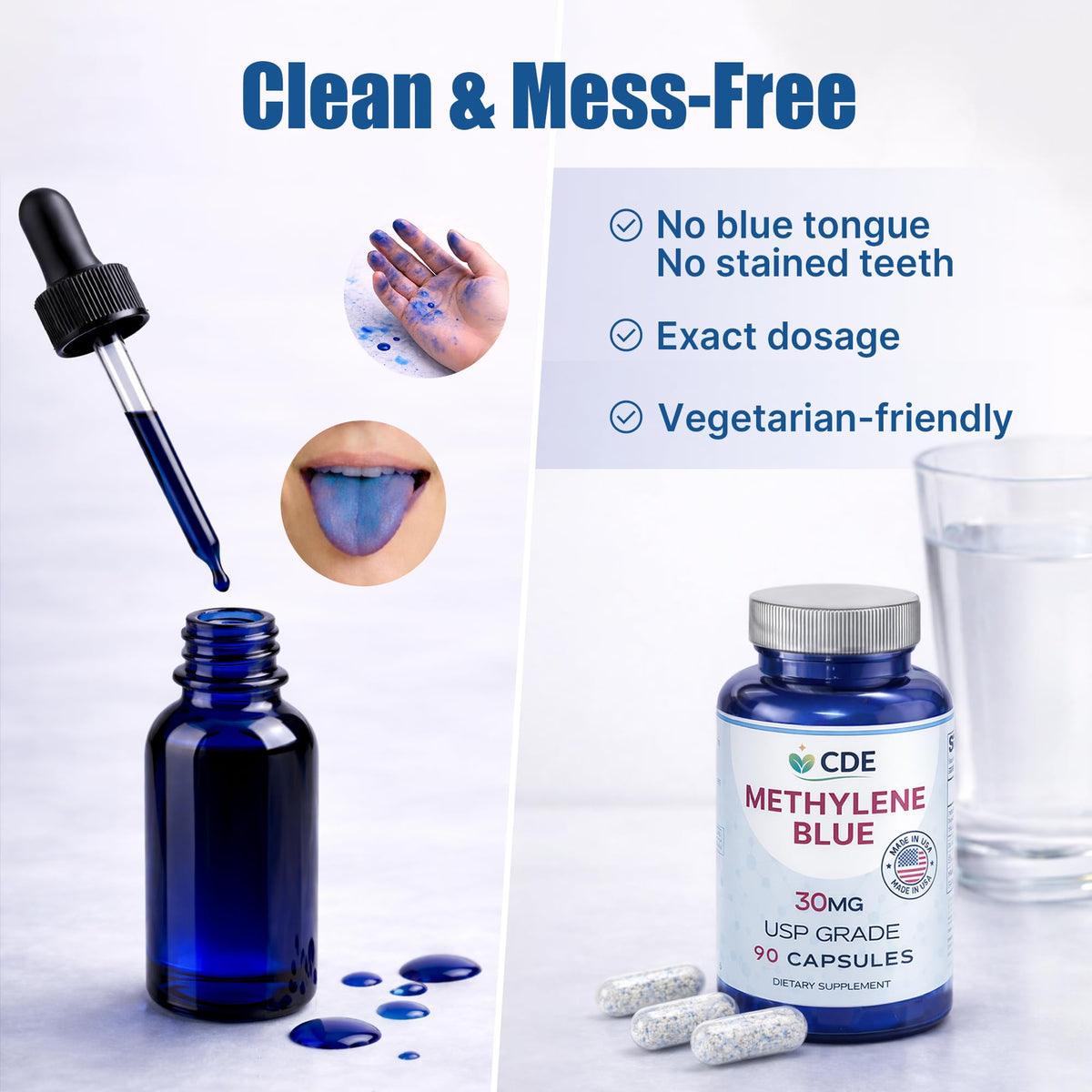 CDE Methylene Blue Capsules 30mg - Made in USA, 90 Days Supply - Pharmaceutical CDEMBC USP Grade, Third Party Lab Tested, Formaldehyde-Free, Non-GMO - Cellular & Cognitive Support