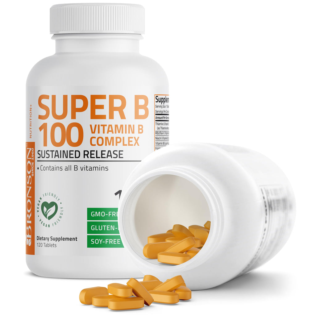 Bronson Super B100 Vitamin B Complex Sustained Release, 120 Tablets | B1, B2, B3, B6, Folic Acid, B12, Biotin & Pantothenic Acid, Energy & Nerve Support, Non-GMO, Gluten-Free & Soy-Free