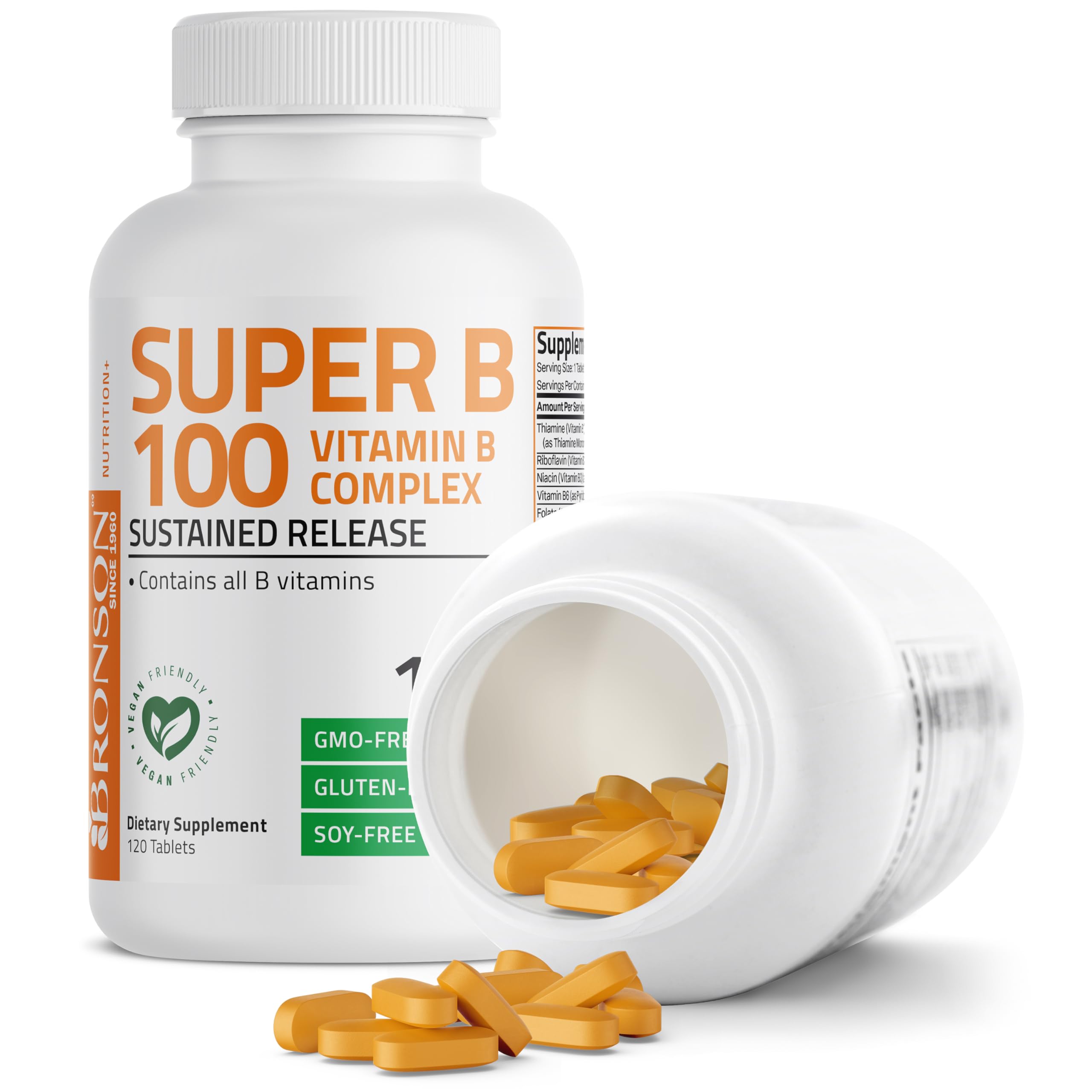 Bronson Super B100 Vitamin B Complex Sustained Release, 120 Tablets | B1, B2, B3, B6, Folic Acid, B12, Biotin & Pantothenic Acid, Energy & Nerve Support, Non-GMO, Gluten-Free & Soy-Free