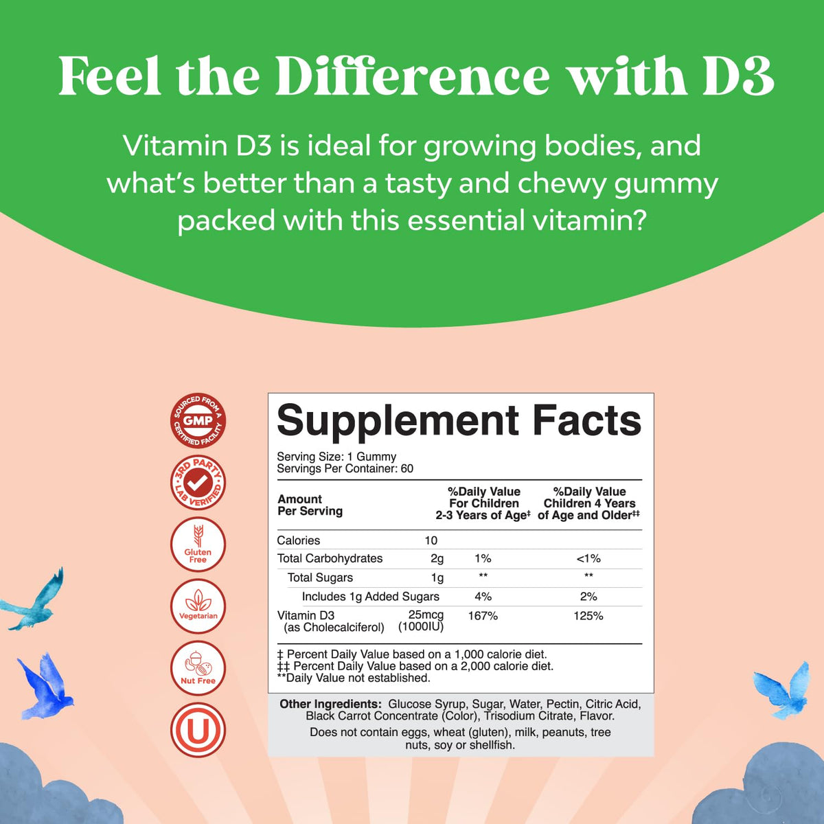 Vitamin D3 Gummies for Kids - Bone Development & Immune Support - 60 Count