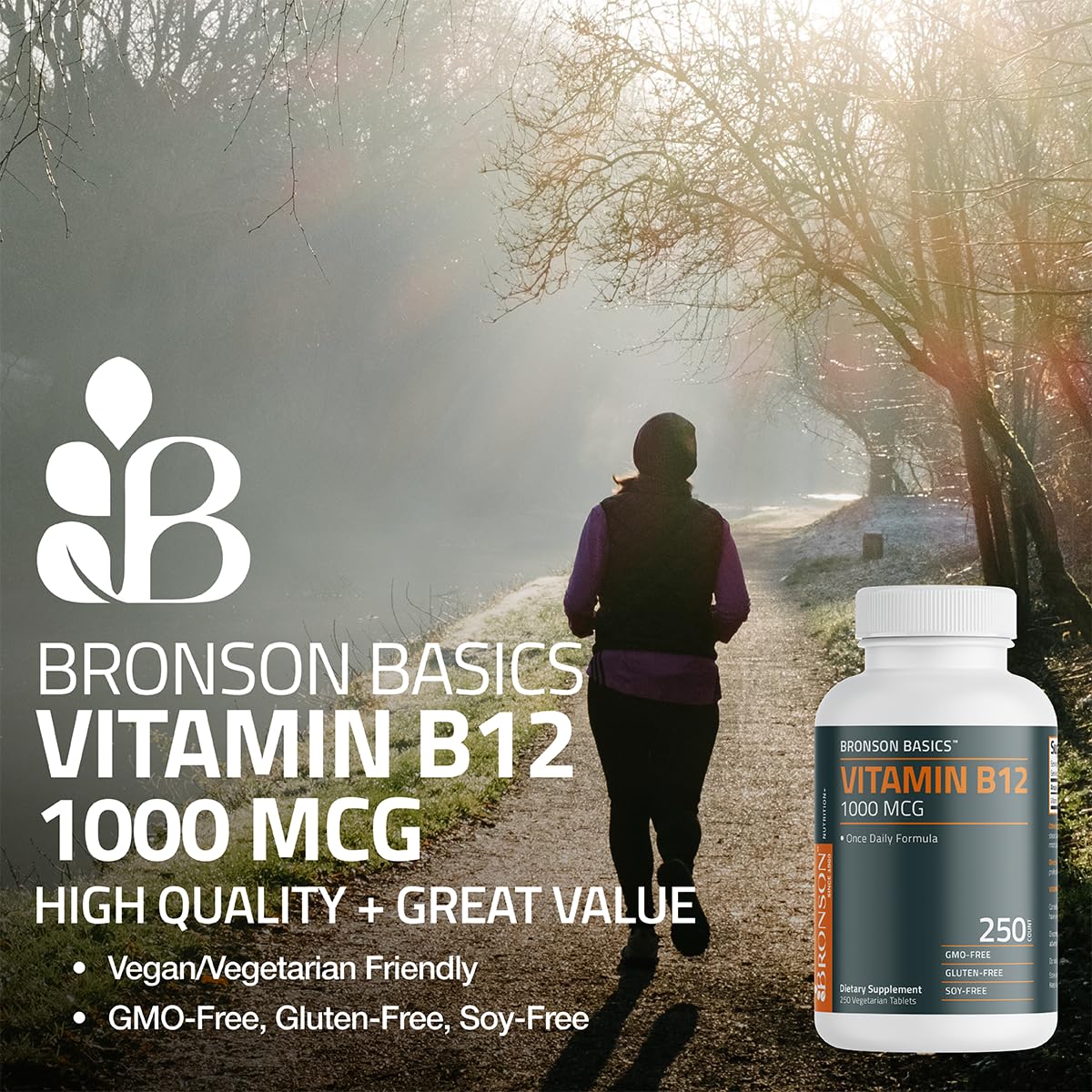 Bronson Vitamin B12 1000 mcg Once-Daily Formula, 250 Vegetarian Tablets | Energy Support, B12 as Cyanocobalamin, Daily Maintenance, 250-Day Supply, Vegan, Non-GMO, Gluten-Free & Soy-Free