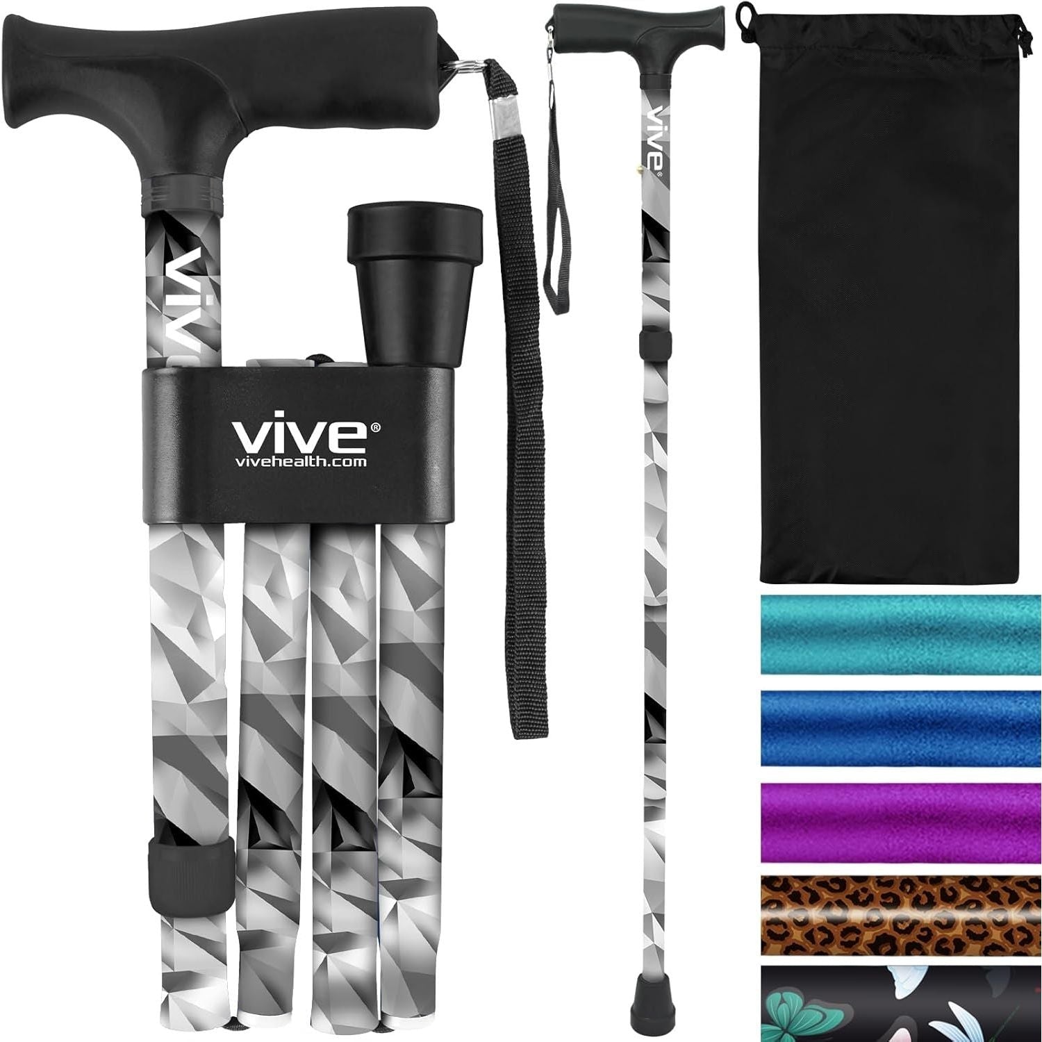 Buy now Vive Folding Cane - Foldable Walking Cane for Men, Women - Fold-up, Collapsible, Lightweight, Adjustable, Portable Hand Walking Stick - Balancing Mobility Aid - Comfortable Ergonomic Handle Grey Poly at indiglob india