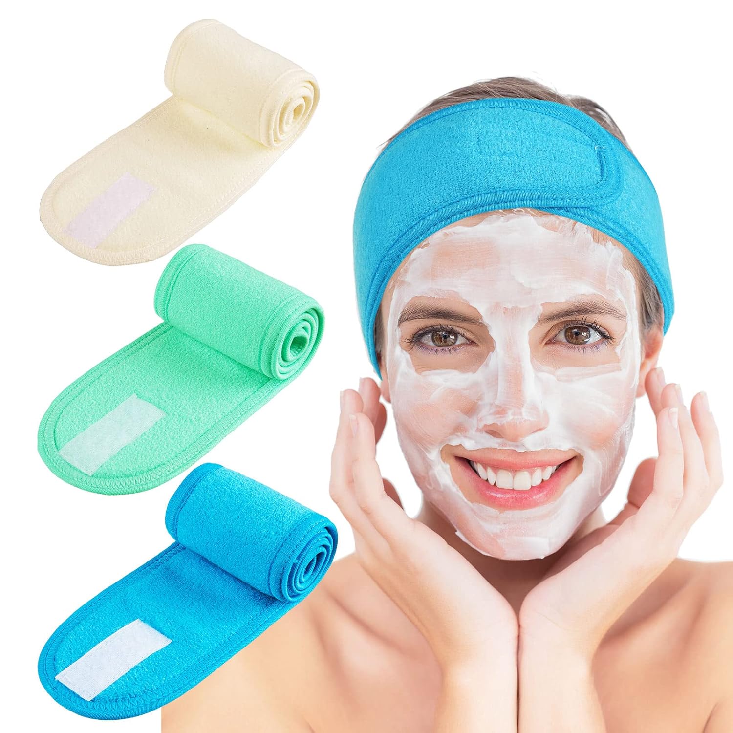 Buy now Whaline 3Pcs Spa Facial Headband Make Up Wrap Head Terry Cloth Headband Adjustable Washable Towel for Face Washing Shower Skincare Facial Treatment Sport Fits Makeup (White, Black, Gray) Blue, Green, Yellow at indiglob india