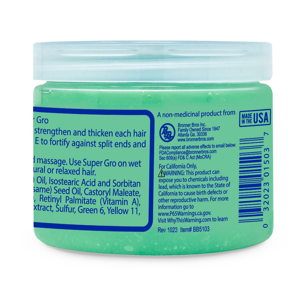 Bronner Bros Maximum Strength Super Gro Hair Grease & Scalp Treatment, 6oz | Hair Dress for Dry Scalp, Breakage Support, Shine & Healthy Hair, With Coconut Oil, Vitamins, Sage & Sulfur, All Hair Types