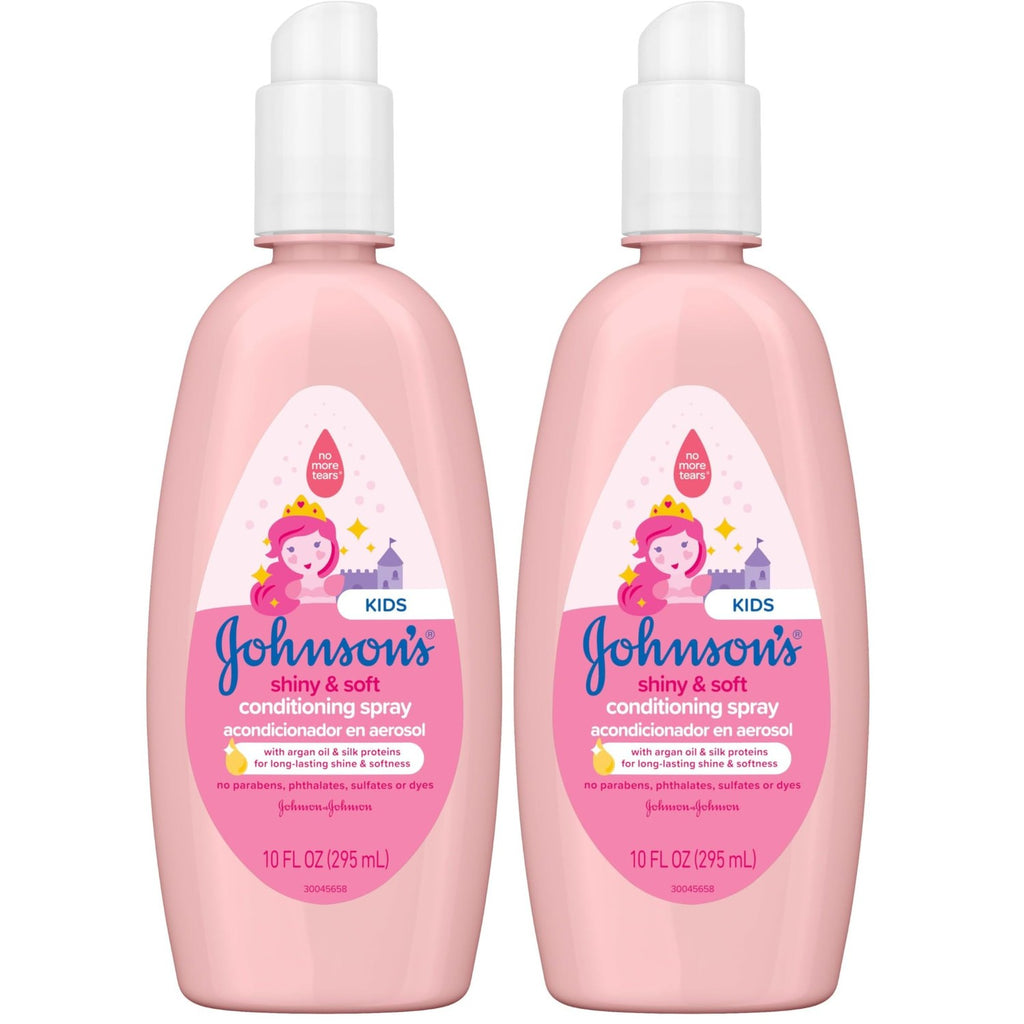 Johnson's Kids Shiny & Soft Hair Conditioning Spray with Argan Oil & Silk Proteins, Tear-Free Conditioning Spray for Shine & Softness, Gentle for Toddler Haircare, 10 fl. oz (Pack of 2)