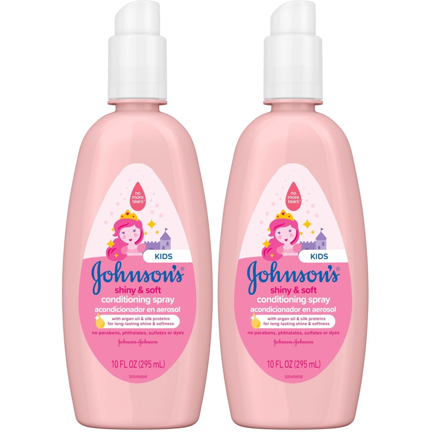 Johnson's Kids Shiny & Soft Hair Conditioning Spray with Argan Oil & Silk Proteins, Tear-Free Conditioning Spray for Shine & Softness, Gentle for Toddler Haircare, 10 fl. oz (Pack of 2)