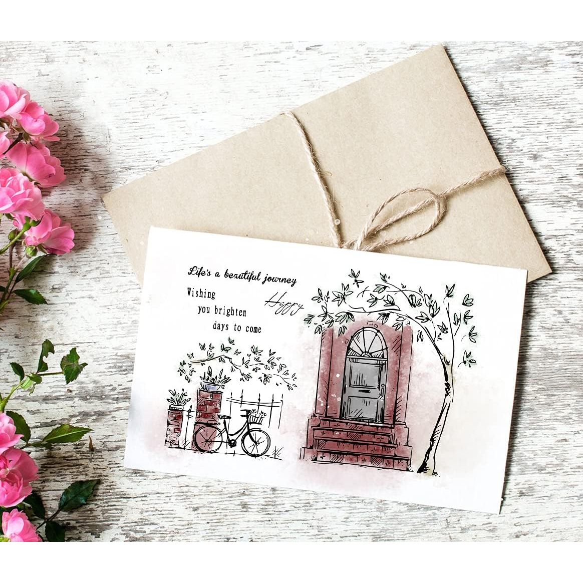 Buy now Door Bike Tree Scenery Clear Stamps for Card Making and Photo Album Decorations, Blessing Words Transparent Rubber Stamps Seal for DIY Scrapbooking at indiglob india