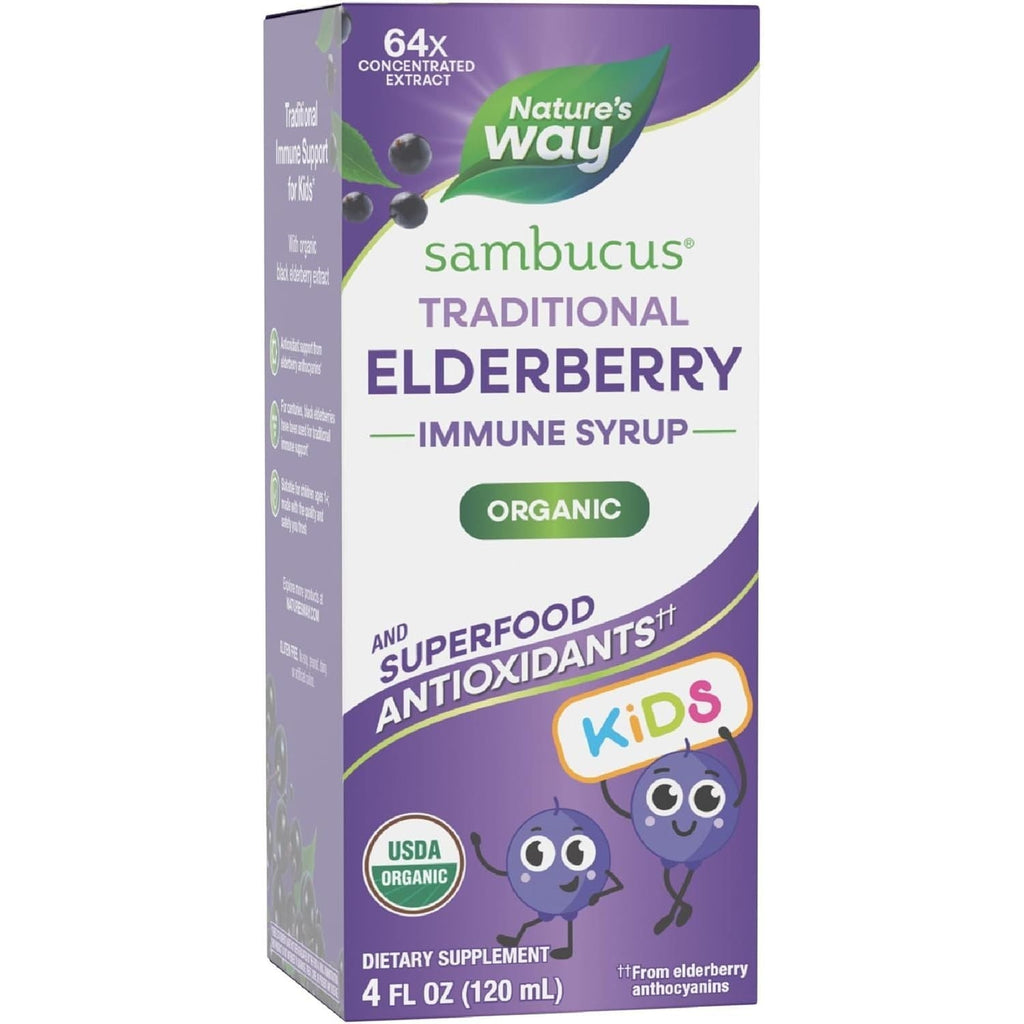 Buy now Nature's Way Sambucus Elderberry Traditional Immune Syrup for Ages 1+, Traditional Immune Support*, Antioxidant Support*, Black Elderberry Extract, USDA Certified Organic, 4 Fl Oz at indiglob india
