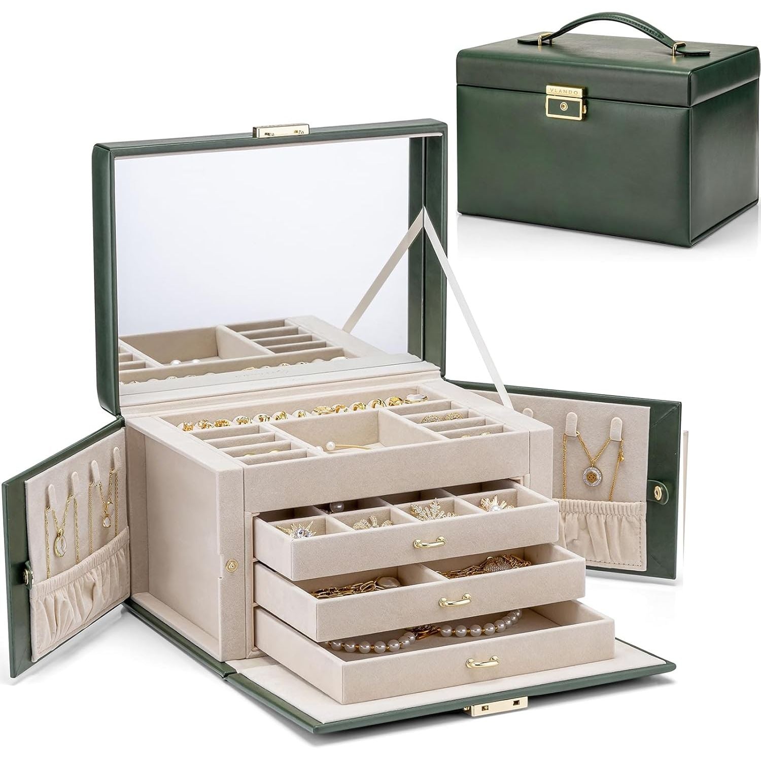 Buy now Vlando Jewelry Box Organizer for Girls Women, Large Baroque Jewelry Holder Organizer with Mirror, 3 Drawers for Bracelets, Earrings, Rings, Necklaces, Mothers Day for Loved One, Pink J. Green at indiglob india