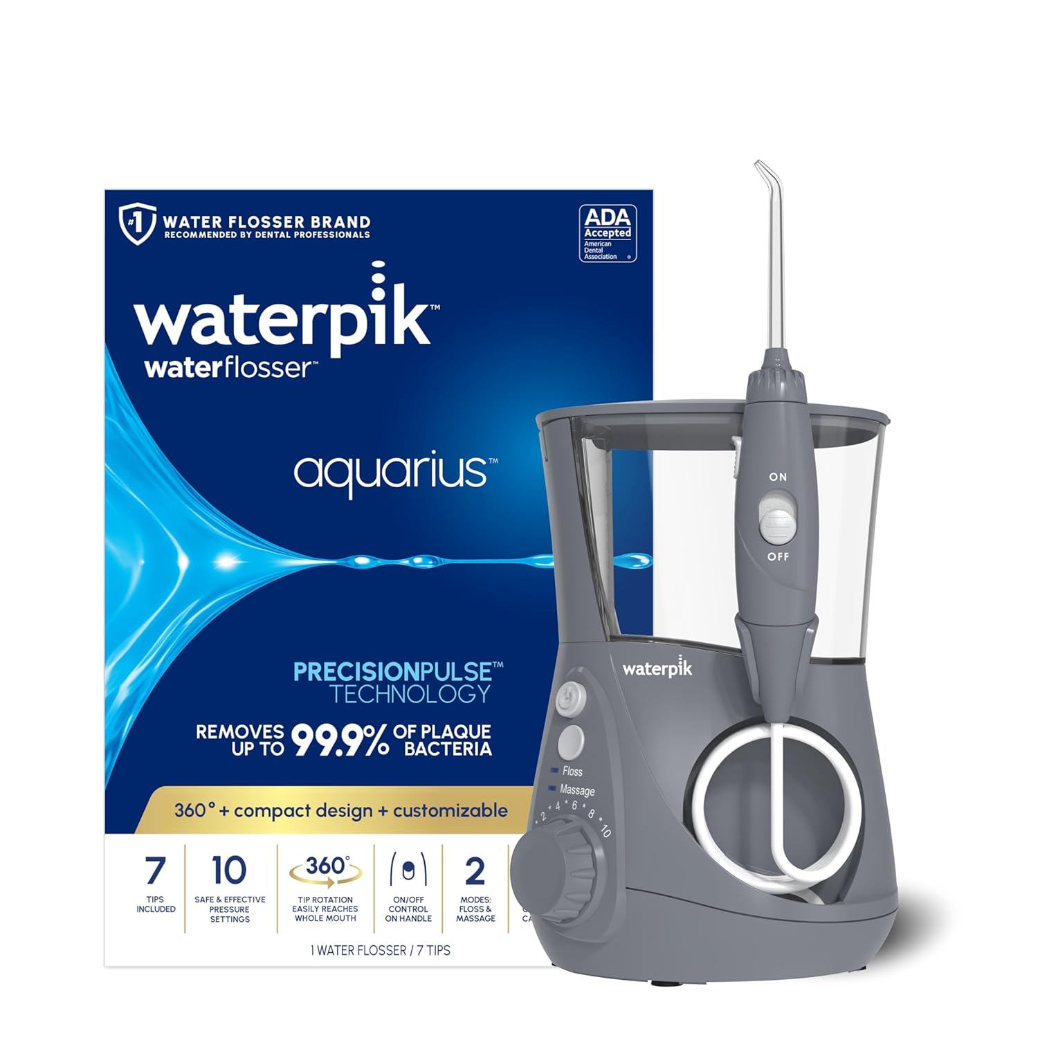 Buy now Waterpik Aquarius Water Flosser For Teeth Cleaning, Gums, Braces, Dental Care, Electric Power With 10 Settings, 7 Tips For Multiple Users And Needs, ADA Accepted, White WP-660, Packaging May Vary Gray at indiglob india