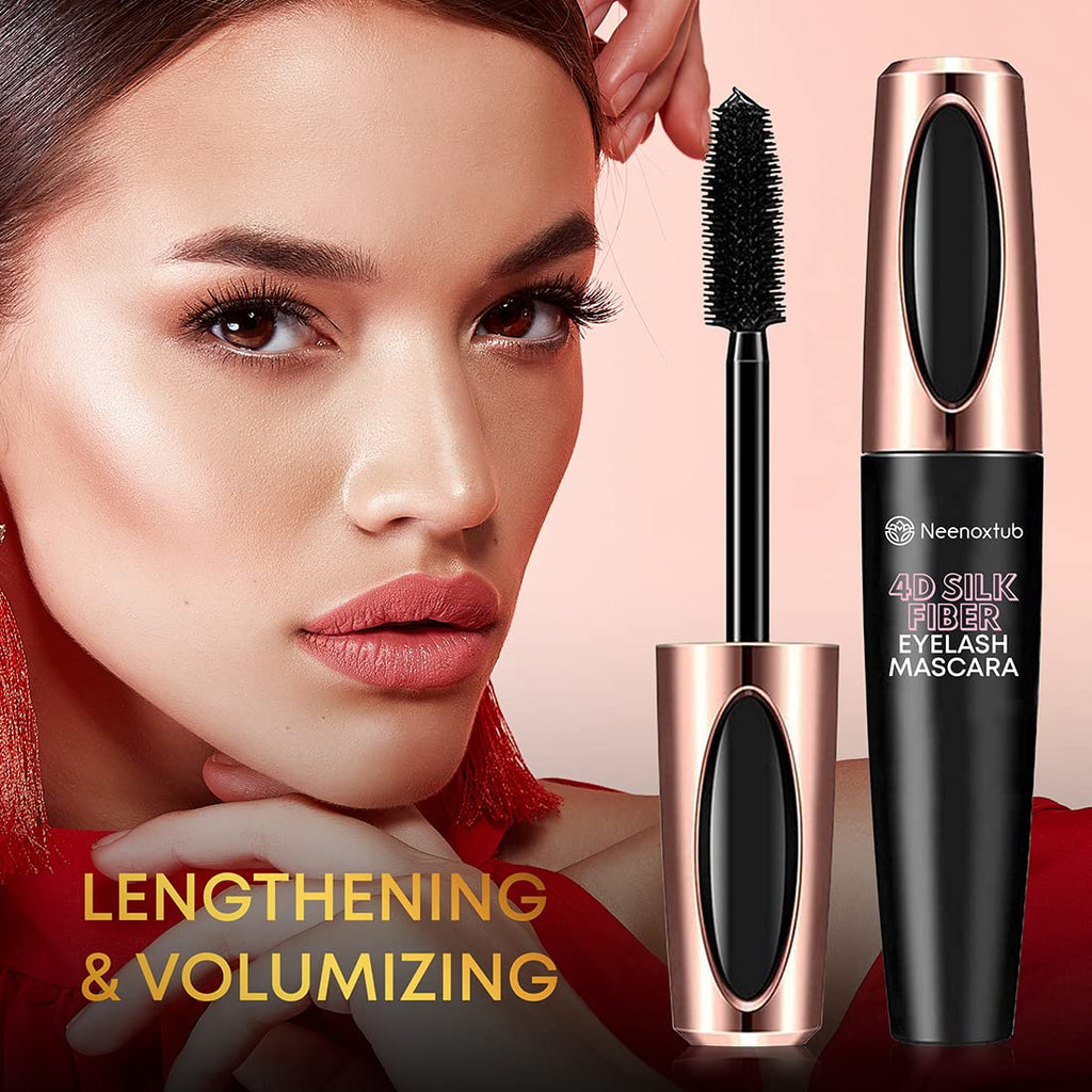4D Silk Fiber Lash Mascara, Lengthening and Thick, Long Lasting, Waterproof & Smudge-Proof, Hypoallergenic Formula 2 Pack Black