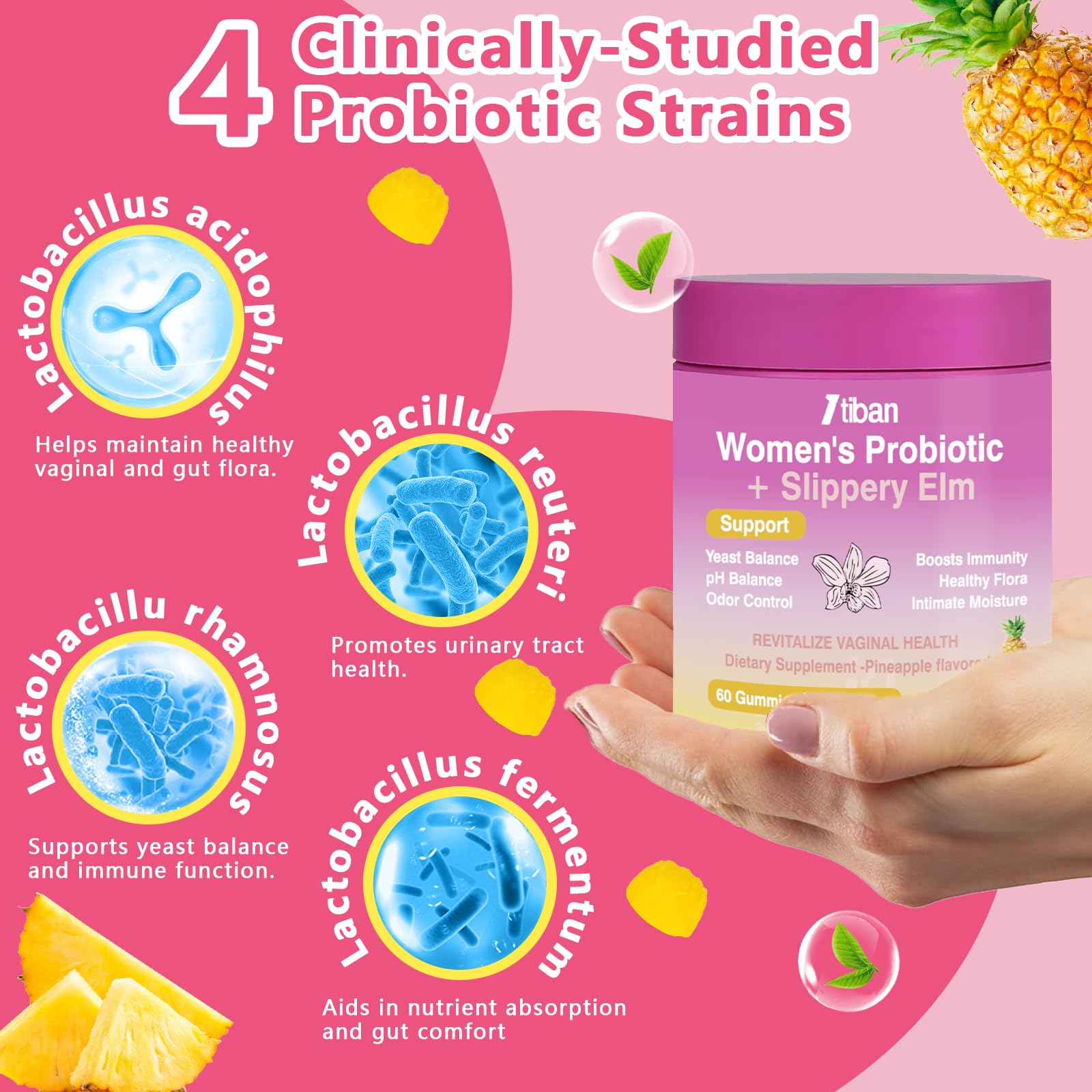 Feminine Vaginal Probiotics Gummies, Supports pH Balance & Digestive Health, Slippery Elm for Women, Suagr-Free, Veagn, Pineapple Flavor, 60 Count