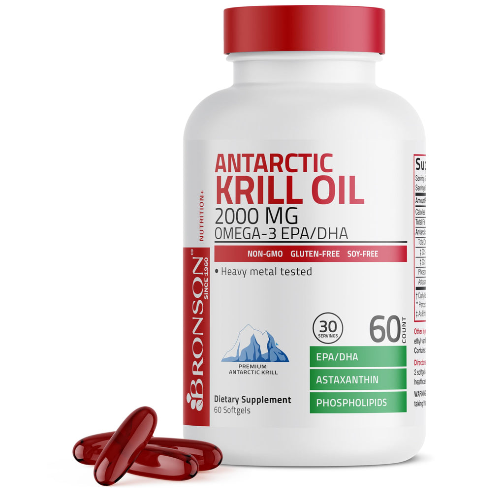 Bronson Antarctic Krill Oil 2000 mg with Omega-3s, 250 Softgels | Heavy Metal Tested, with EPA, DHA, Astaxanthin and Phospholipids, Non-GMO, Gluten Free, Soy Free