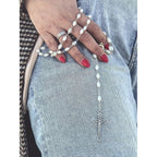 Buy now Nazareth Store Natural Pearl Rosary Beads Catholic Necklace Jerusalem Holy Soil Meda and Silverl Cross at indiglob india
